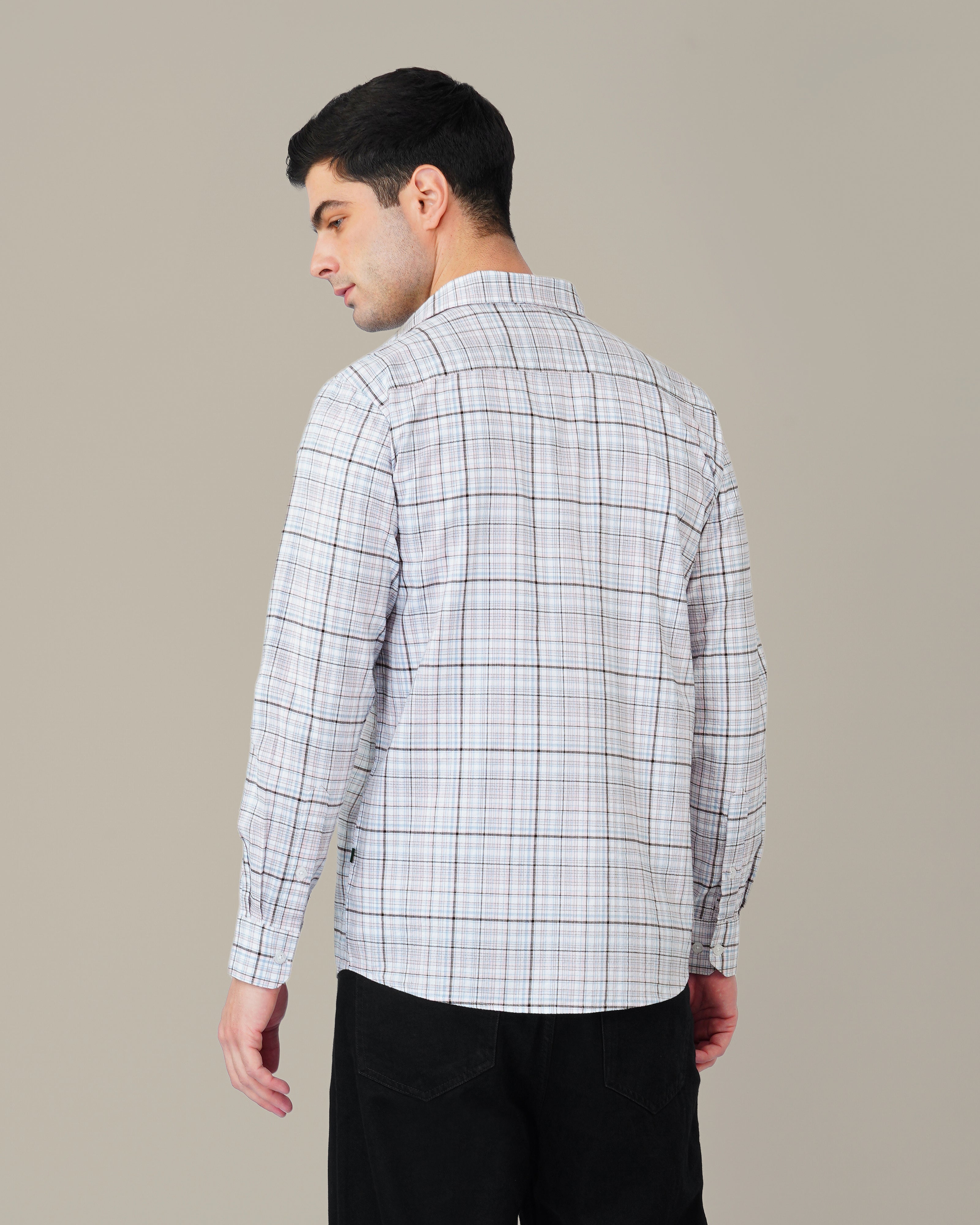 Pink and Blue Plaid Linen-Cotton Blend Classic Collar Shirt