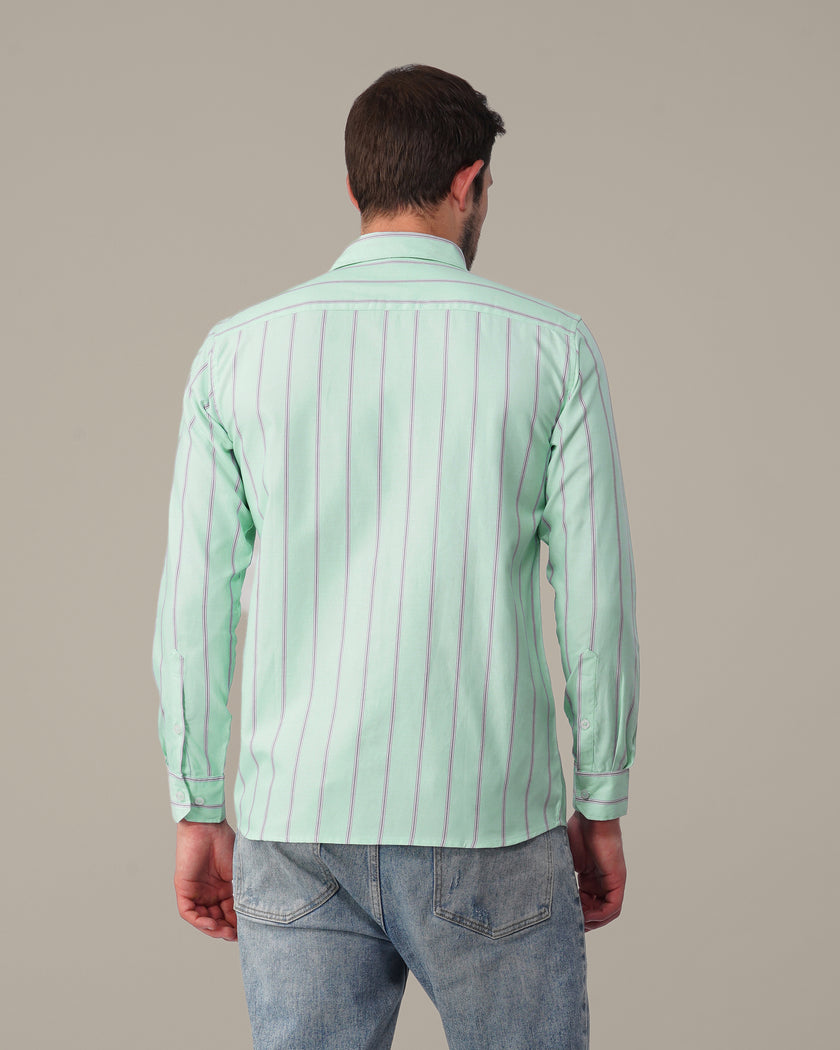 Mint Green Striped Cotton Blend Regular Fit Shirt