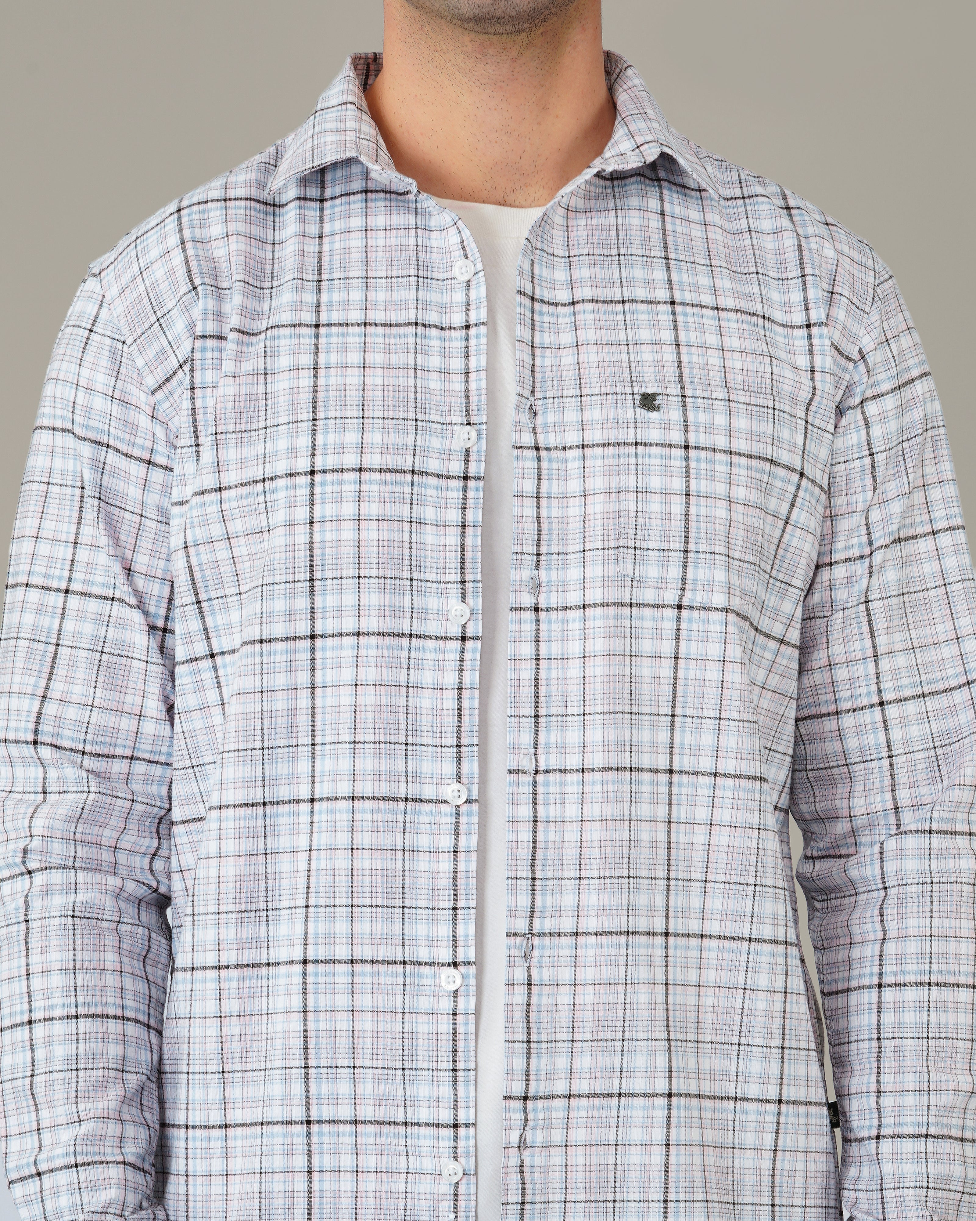 Pink and Blue Plaid Linen-Cotton Blend Classic Collar Shirt