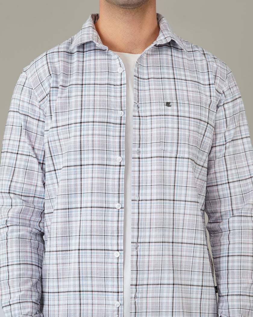 Pink and Blue Plaid Linen-Cotton Blend Classic Collar Shirt