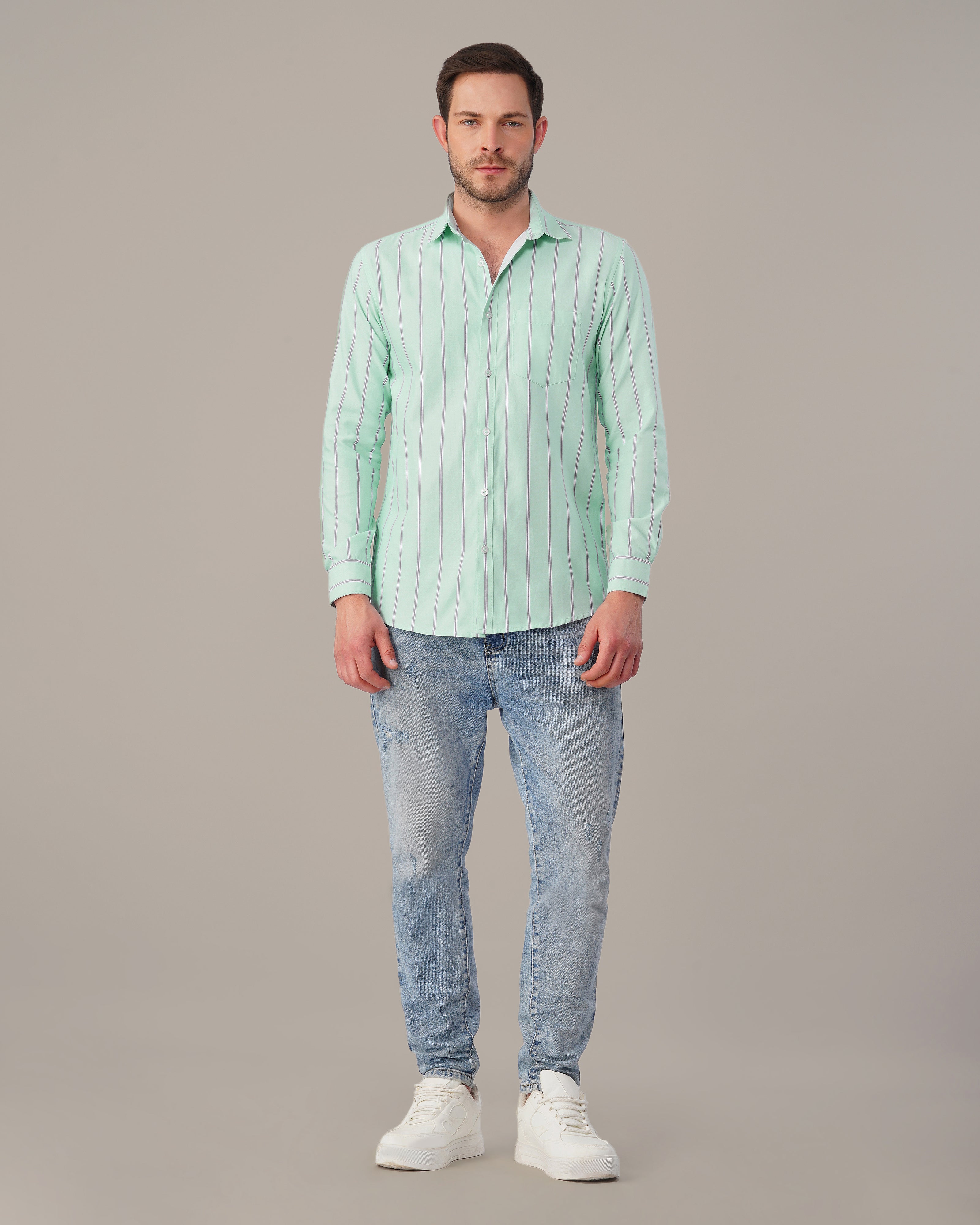 Mint Green Striped Cotton Blend Regular Fit Shirt