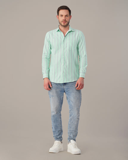 Mint Green Striped Cotton Blend Regular Fit Shirt
