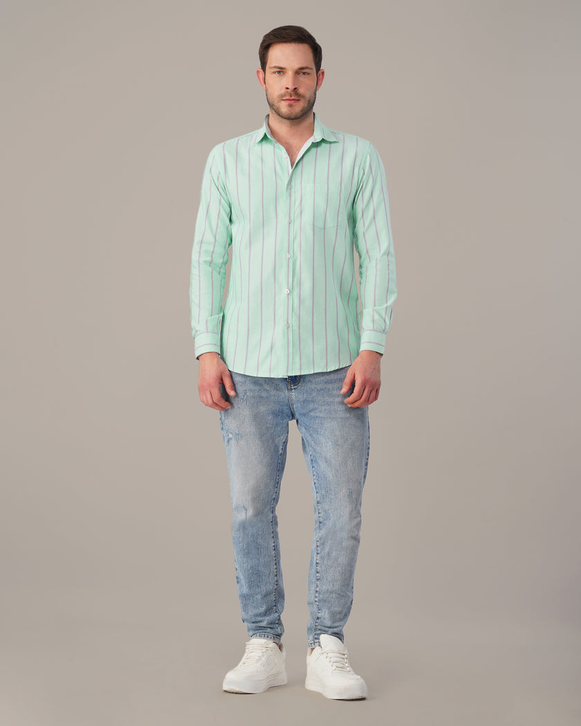 Mint Green Striped Cotton Blend Regular Fit Shirt