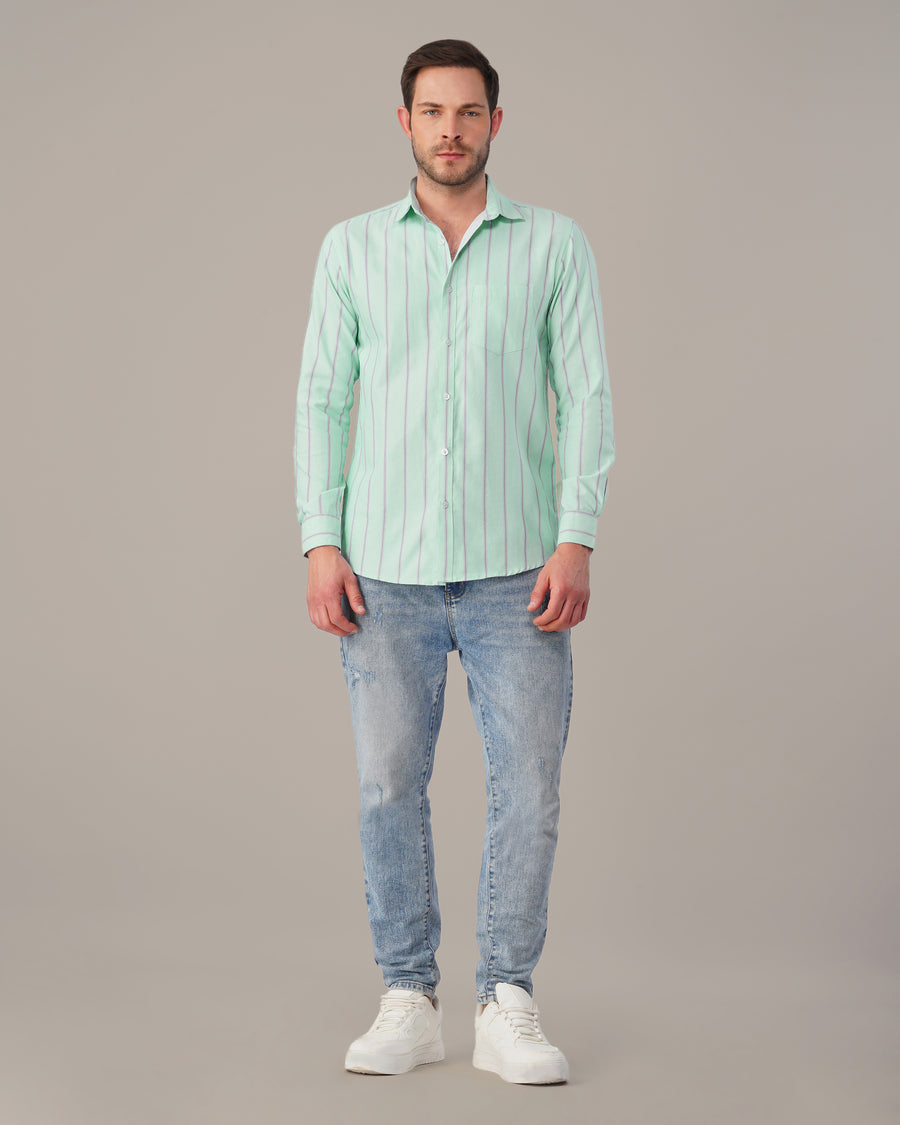 Mint Green Striped Cotton-Poly Blend Button-Up Shirt