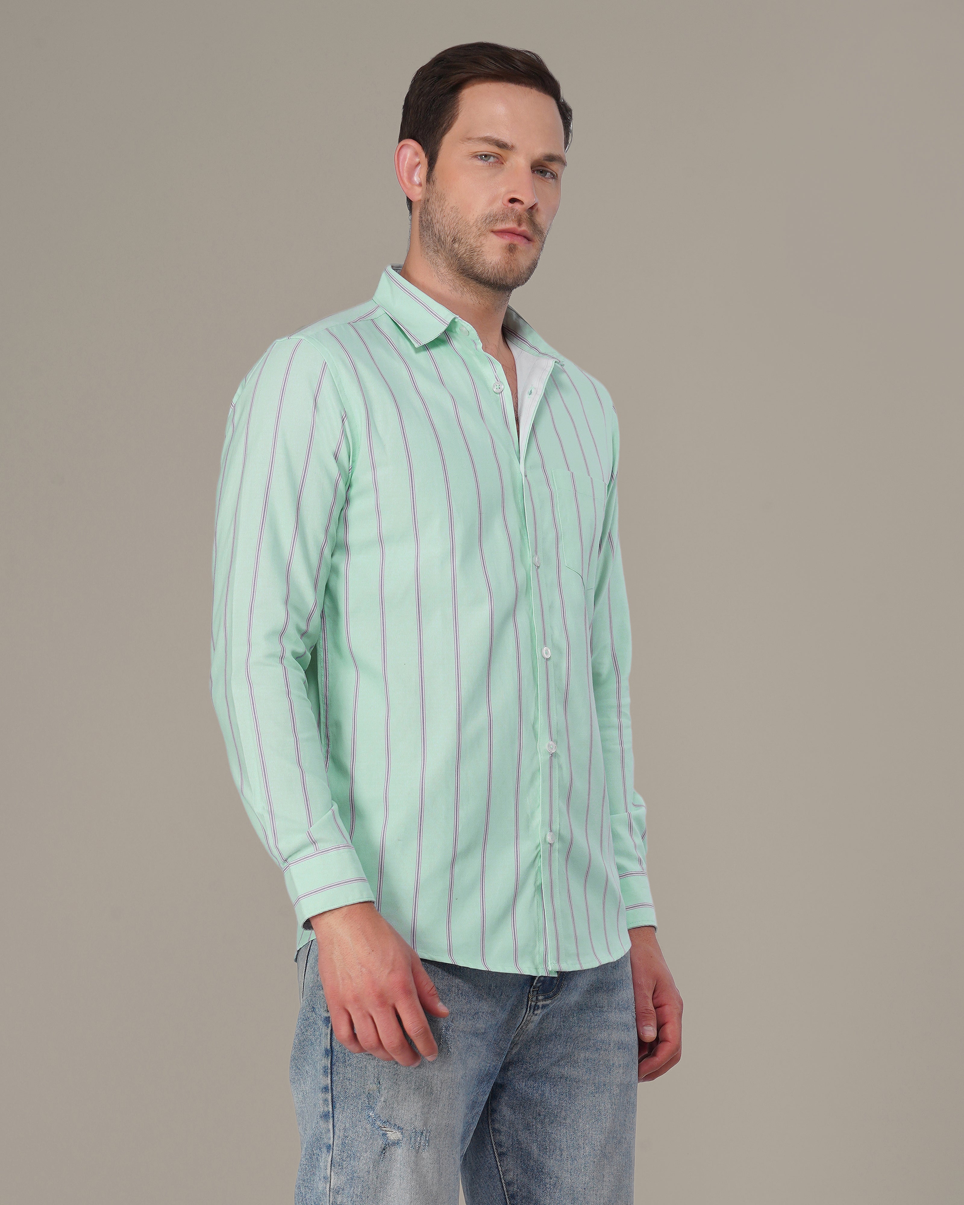 Mint Green Striped Cotton Blend Regular Fit Shirt
