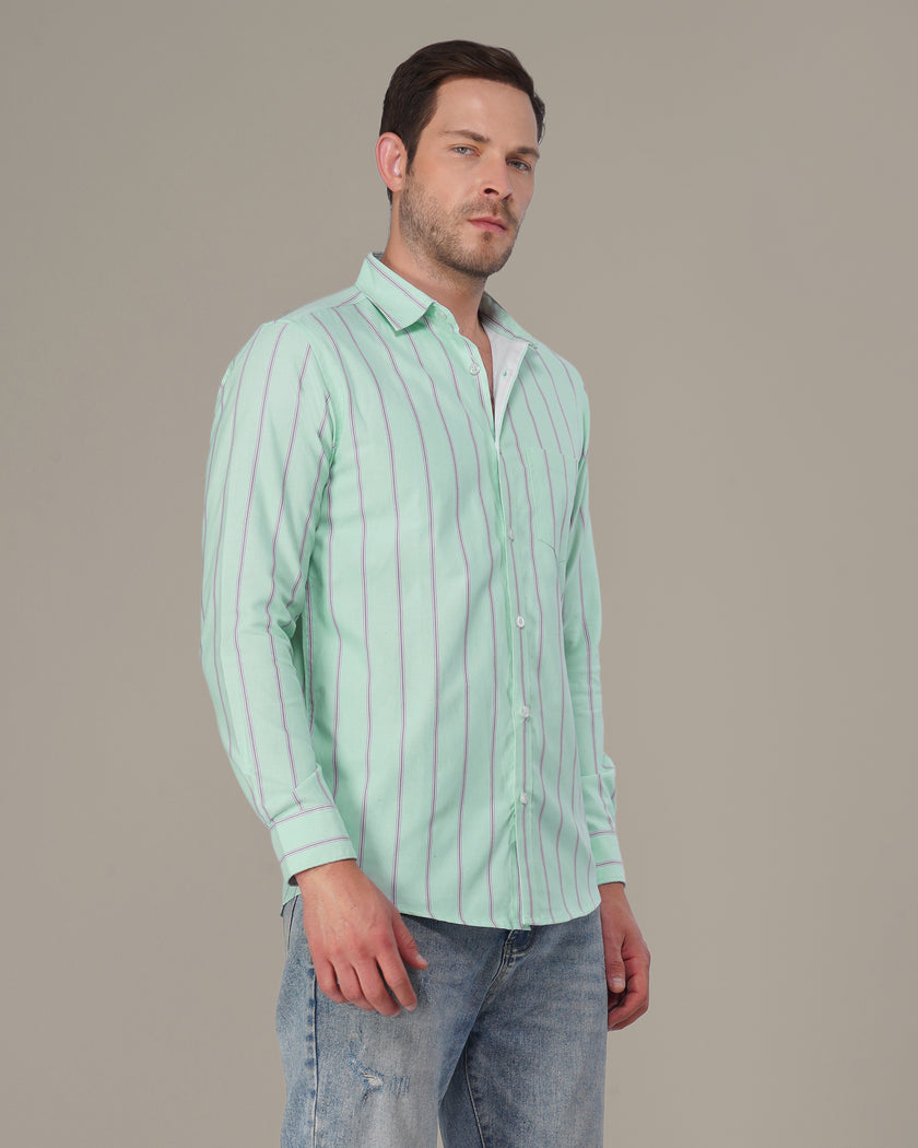 Mint Green Striped Cotton Blend Regular Fit Shirt