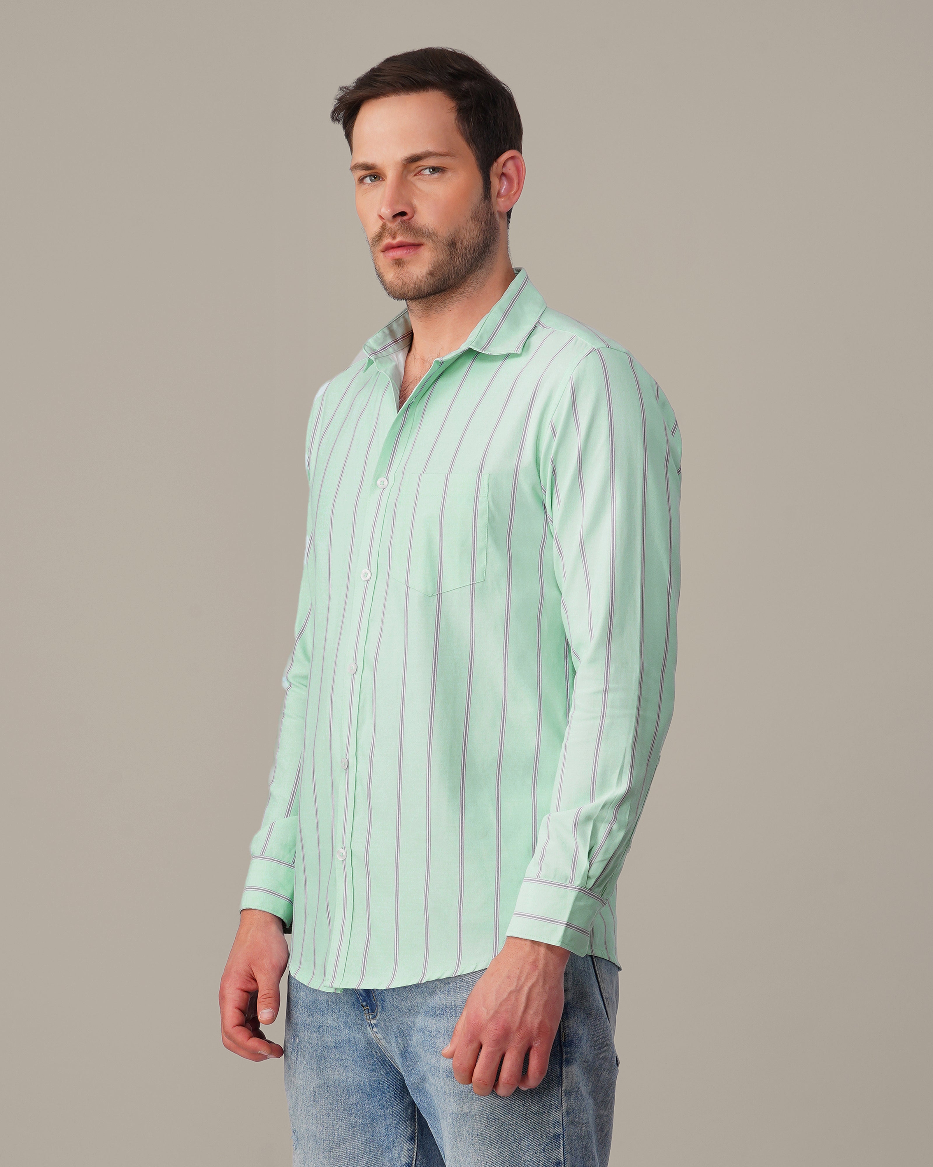 Mint Green Striped Cotton Blend Regular Fit Shirt