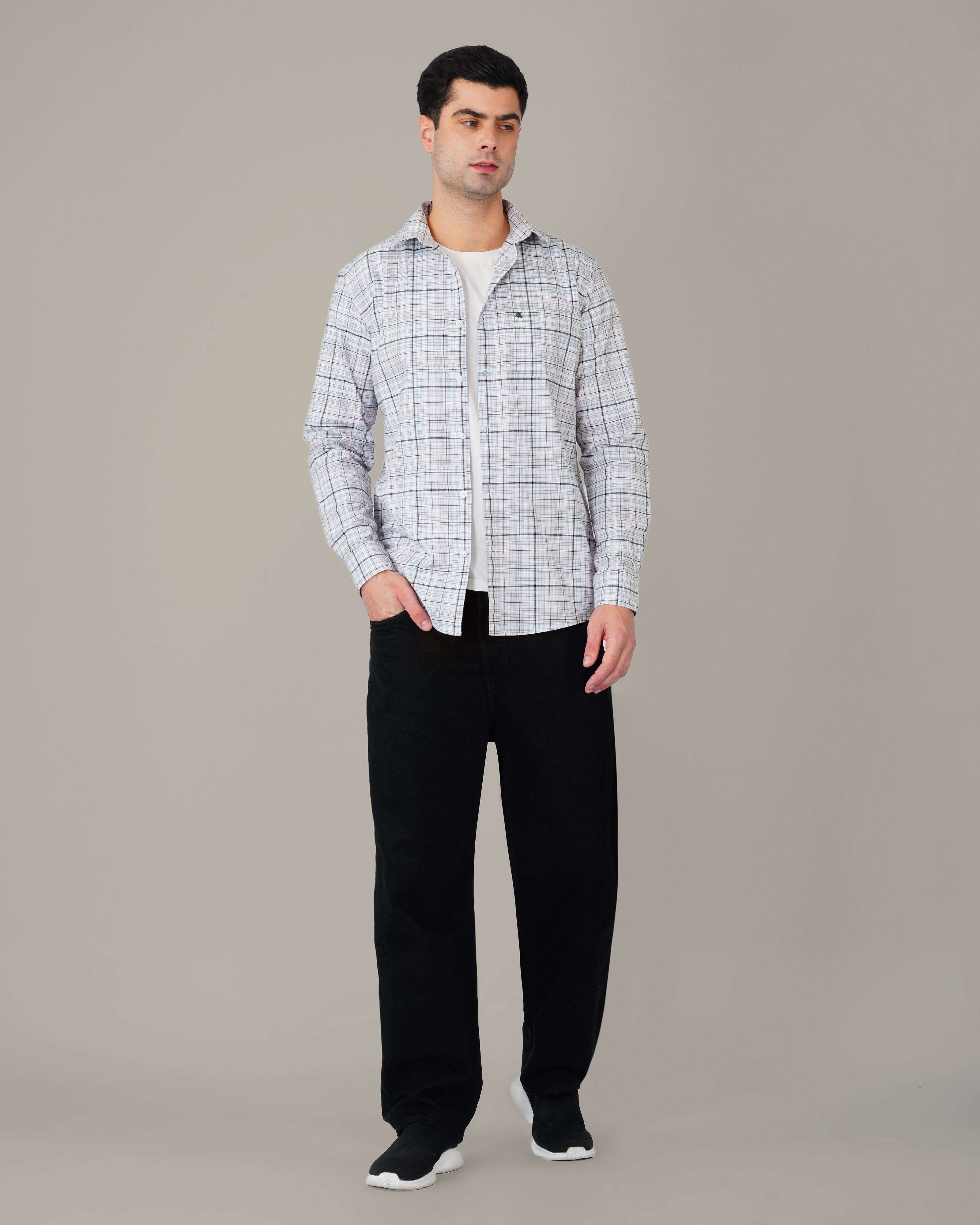 Pink and Blue Plaid Linen-Cotton Blend Classic Collar Shirt