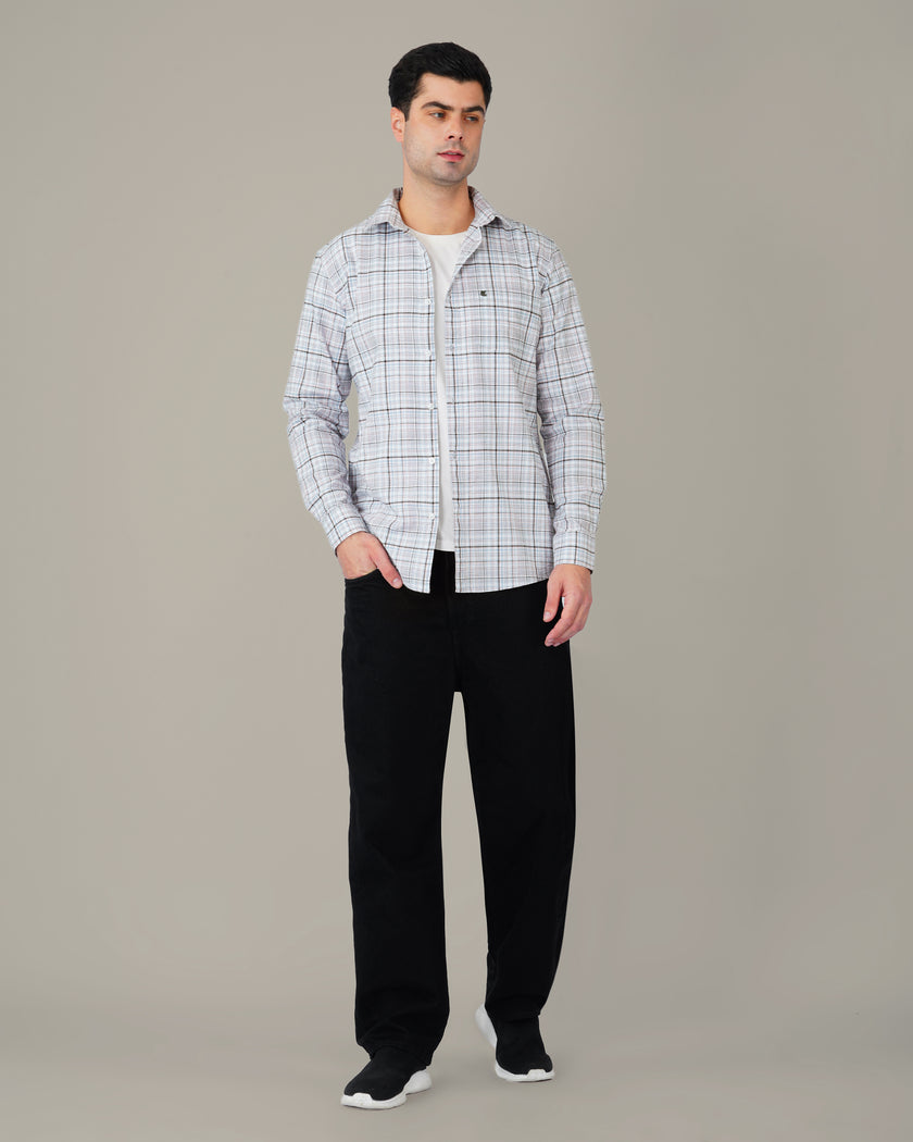 Pink and Blue Plaid Linen-Cotton Blend Classic Collar Shirt