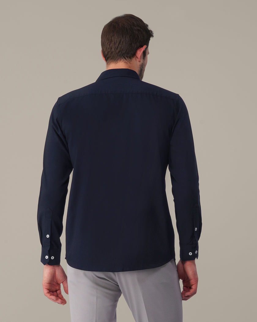 Navy Solid Polyester-Lycra Blend Regular Fit Shirt