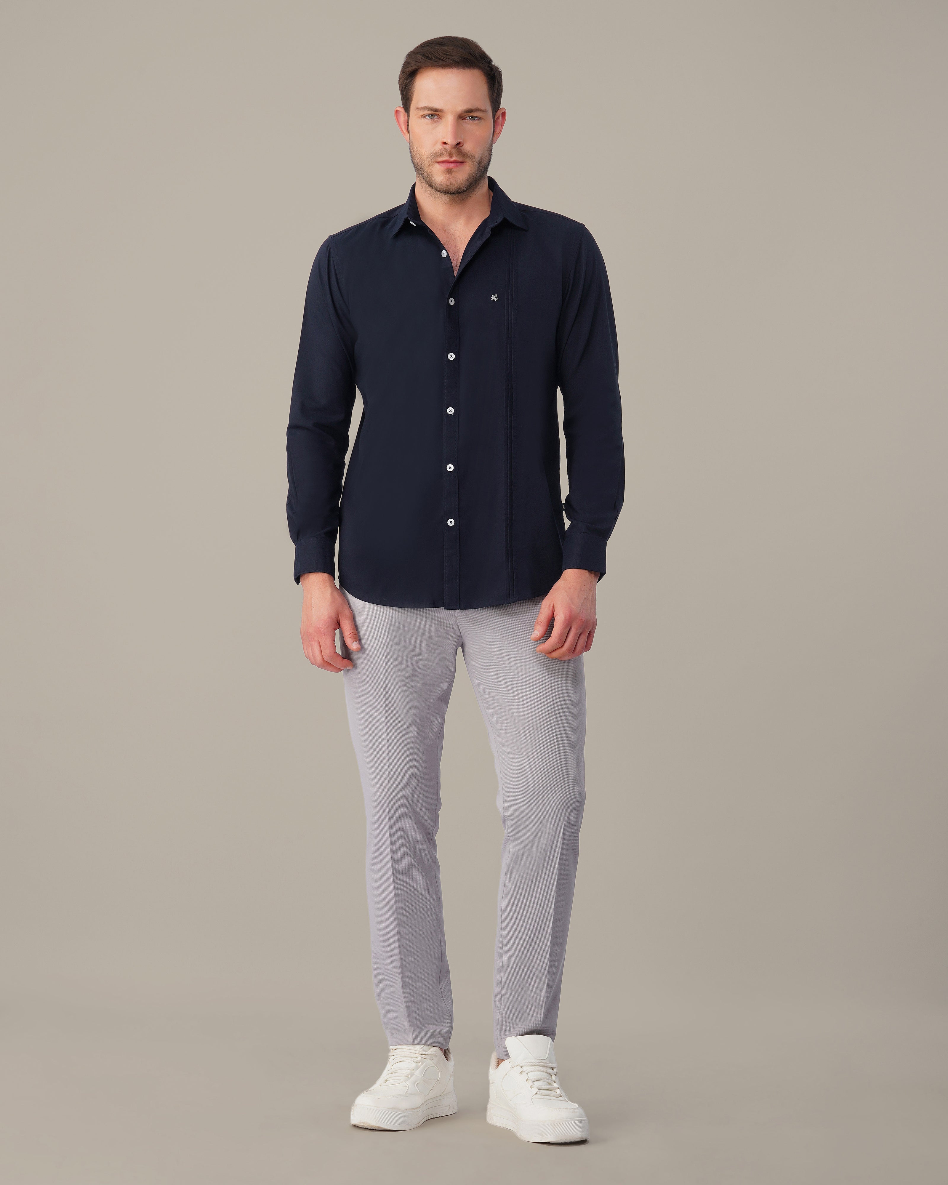 Navy Solid Polyester-Lycra Blend Regular Fit Shirt