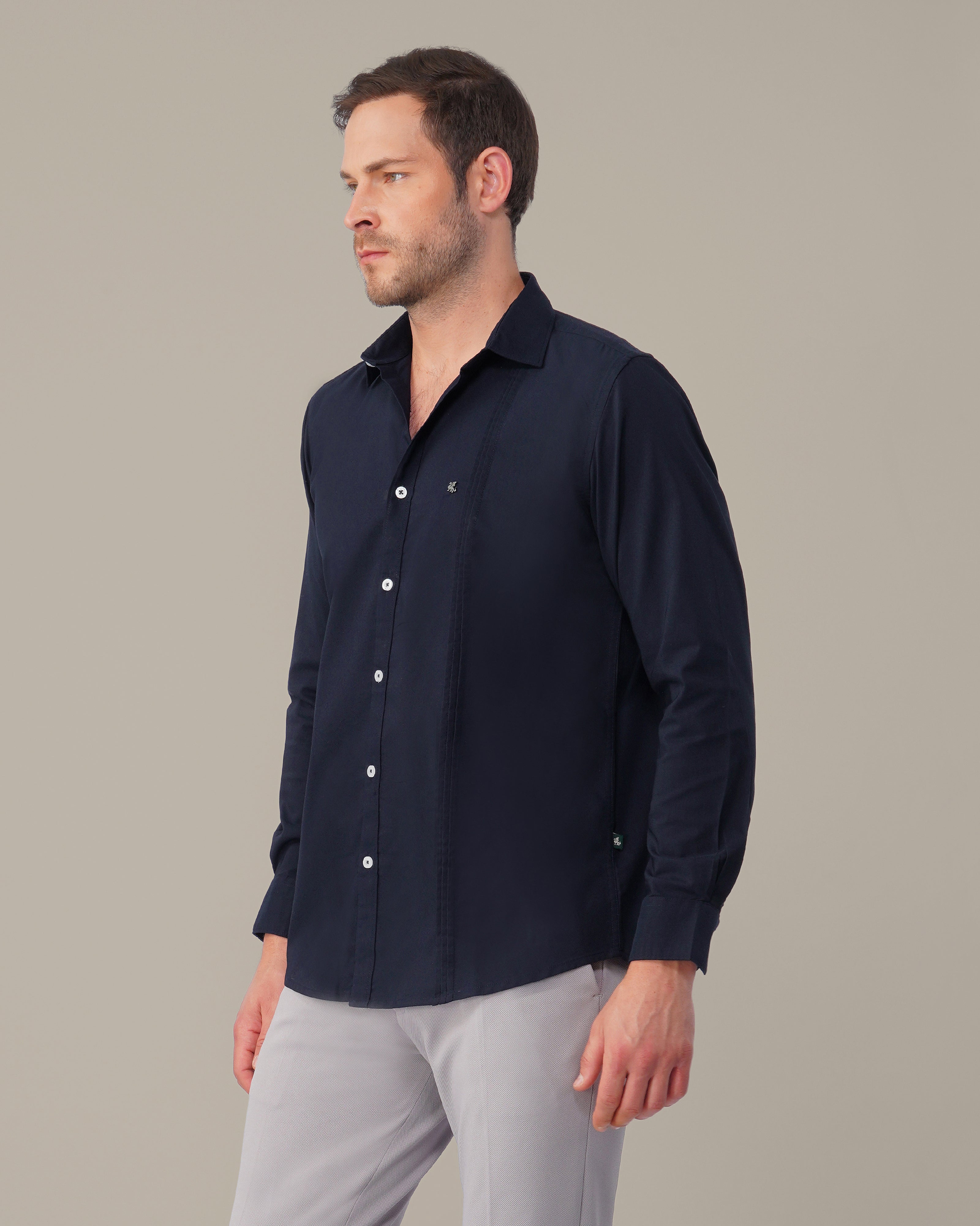 Navy Solid Polyester-Lycra Blend Regular Fit Shirt
