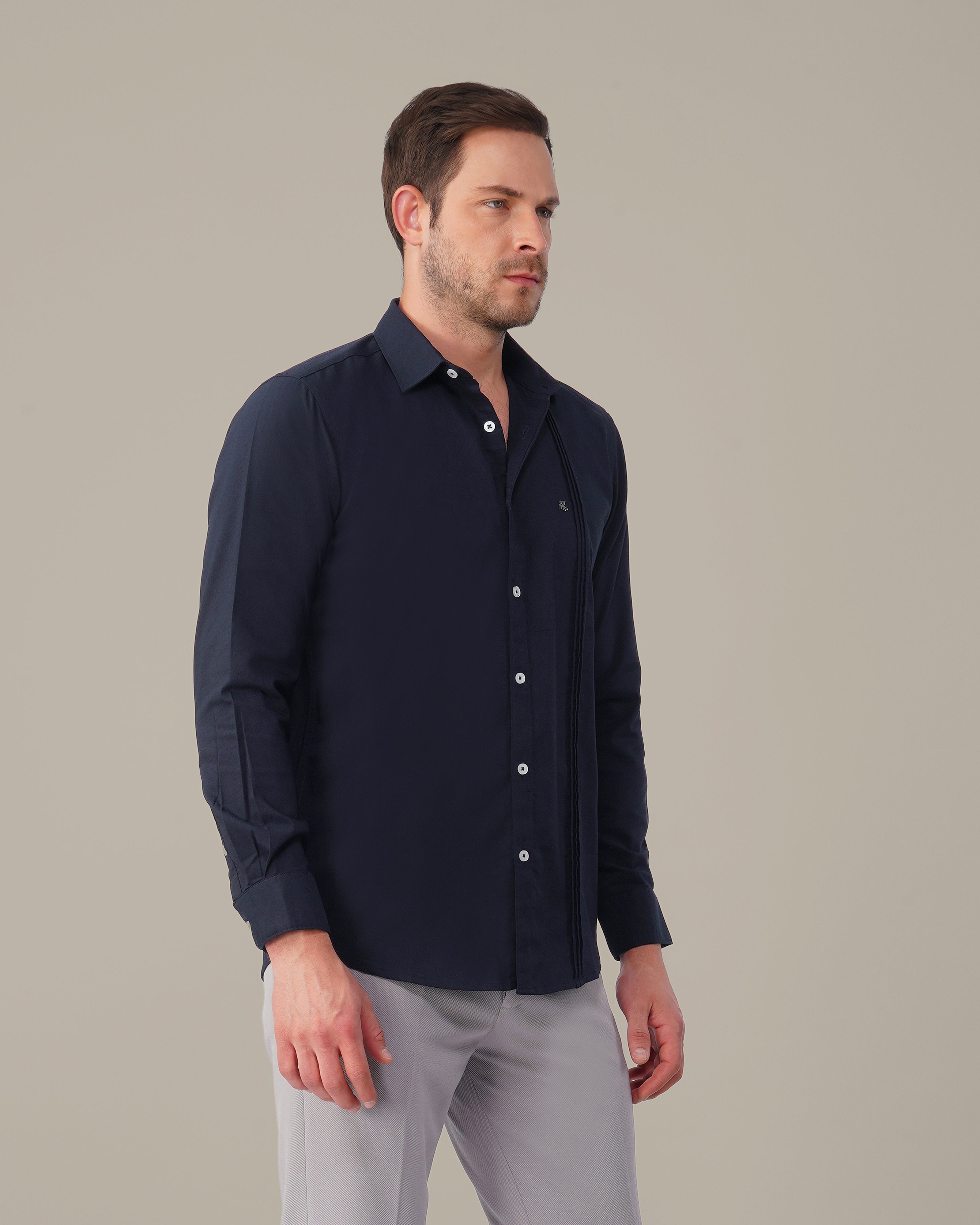 Navy Solid Polyester-Lycra Blend Regular Fit Shirt