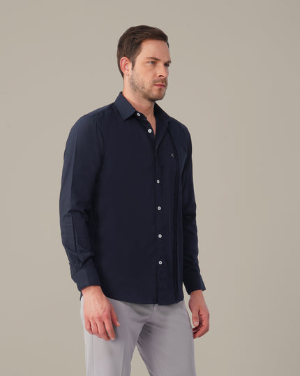 Navy Solid Polyester-Lycra Blend Regular Fit Shirt
