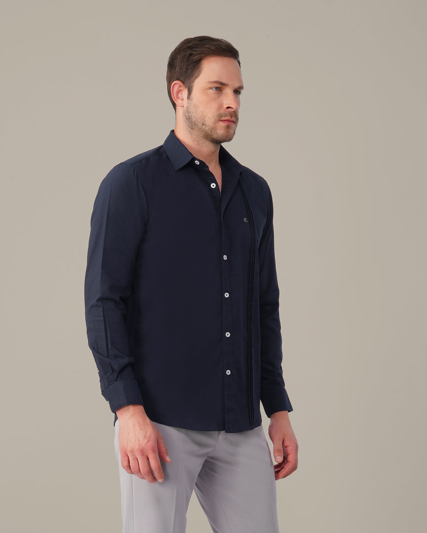 Navy Solid Polyester-Lycra Blend Regular Fit Shirt