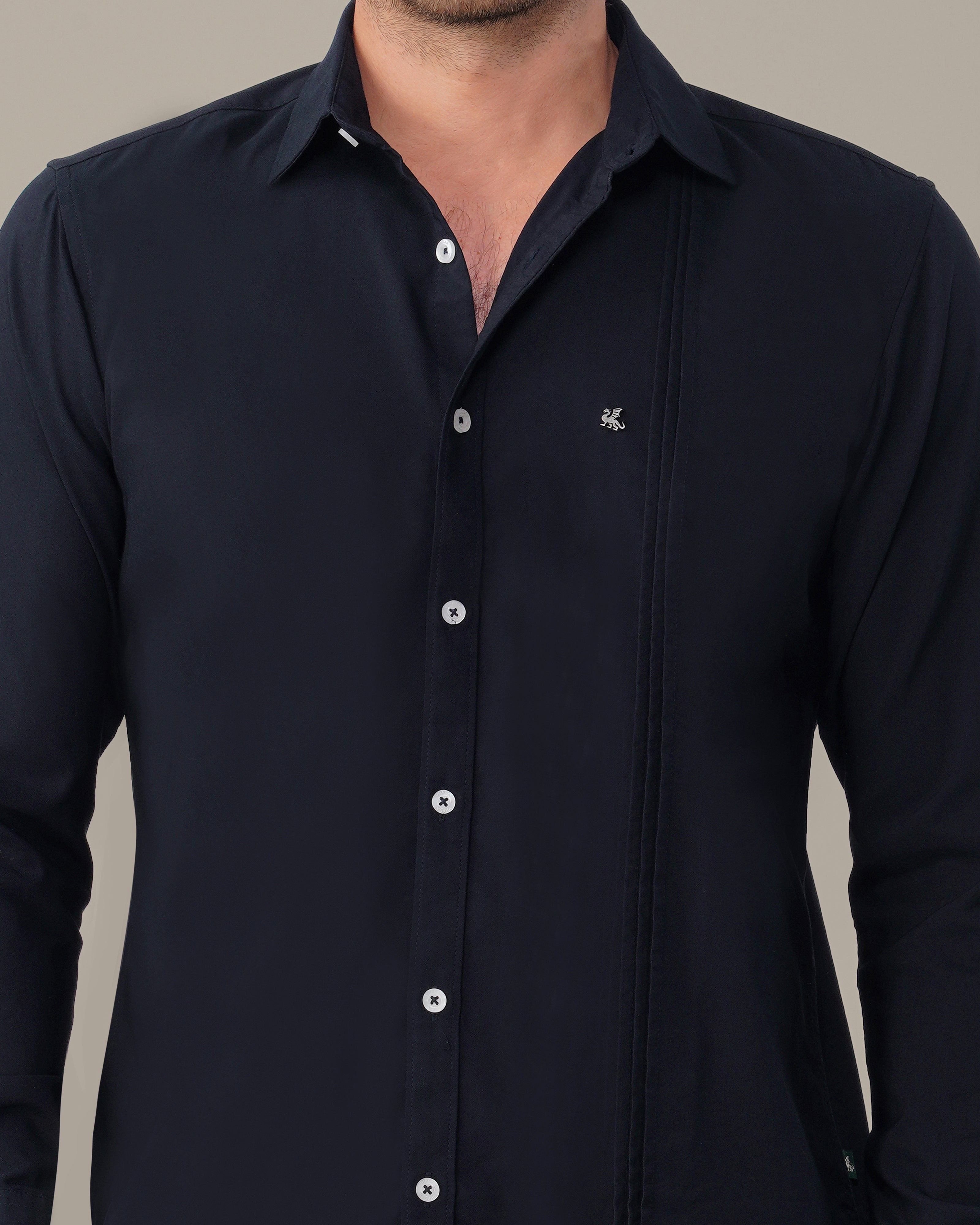 Navy Solid Polyester-Lycra Blend Regular Fit Shirt