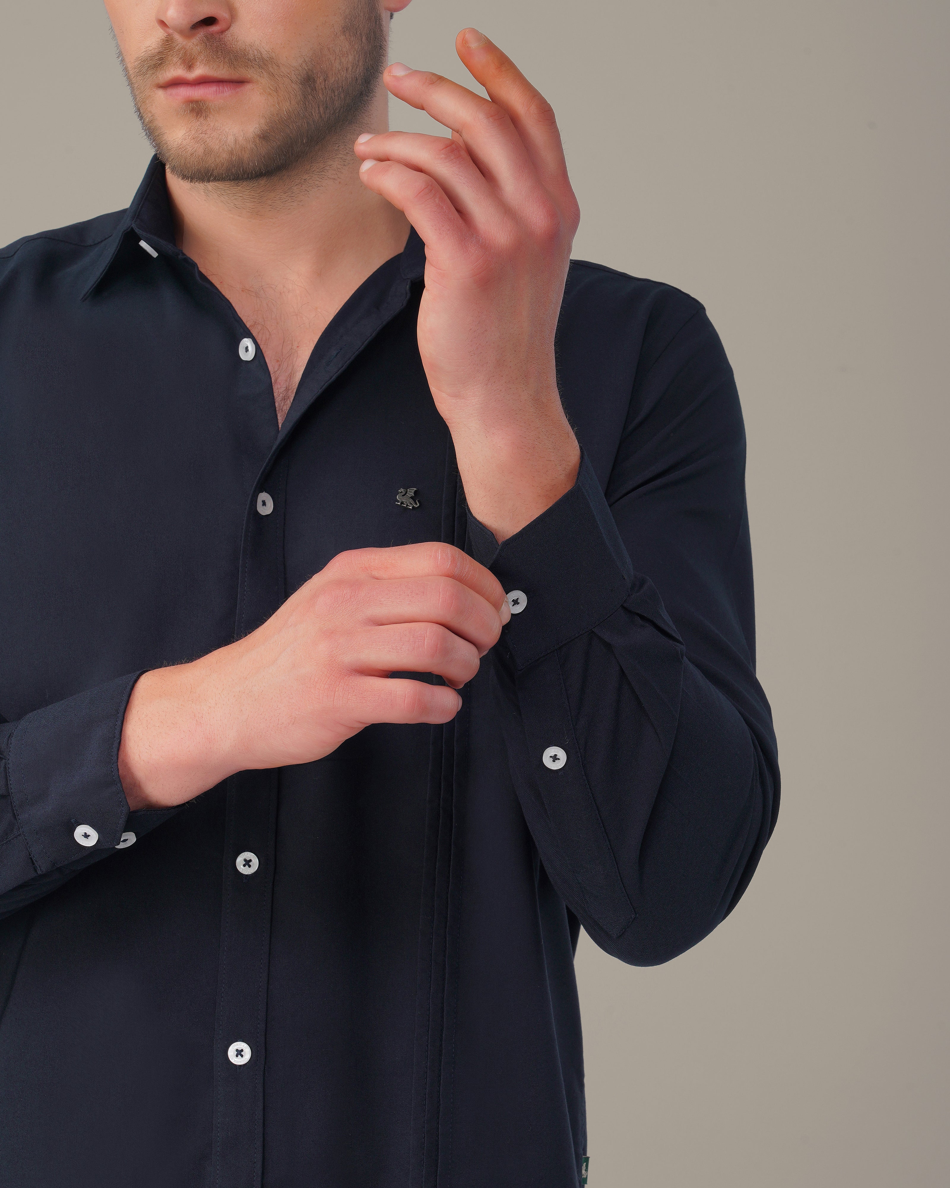 Navy Solid Polyester-Lycra Blend Regular Fit Shirt