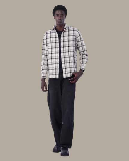 Light Grey and Navy Plaid 100% Cotton Poplin Button-Up Shirt
