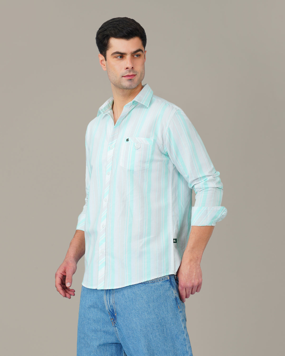 The White & Mint Stripe Shirt - Pure Cotton · Regular Fit