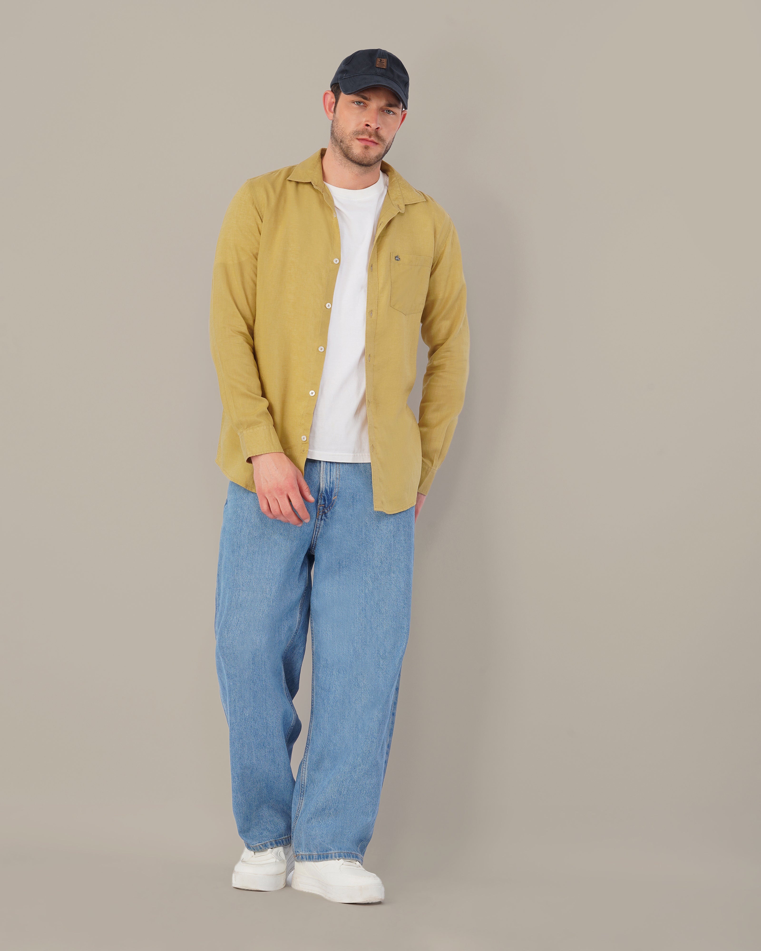 Mustard Solid Premium Linen Standard Fit Shirt