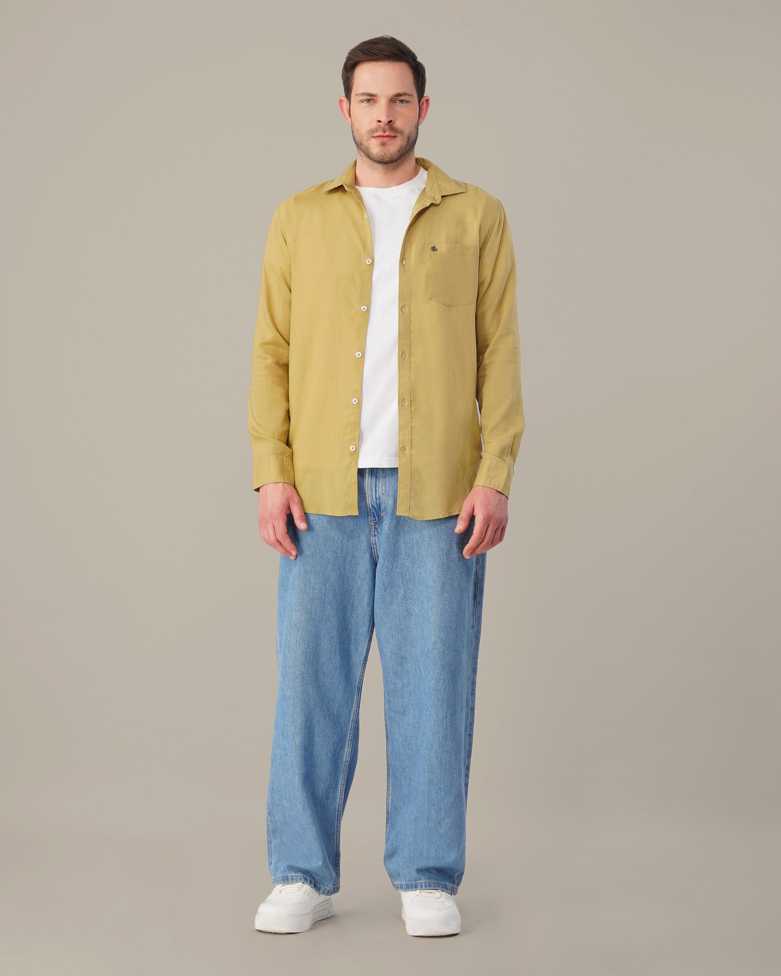 Mustard Solid Premium Linen Standard Fit Shirt