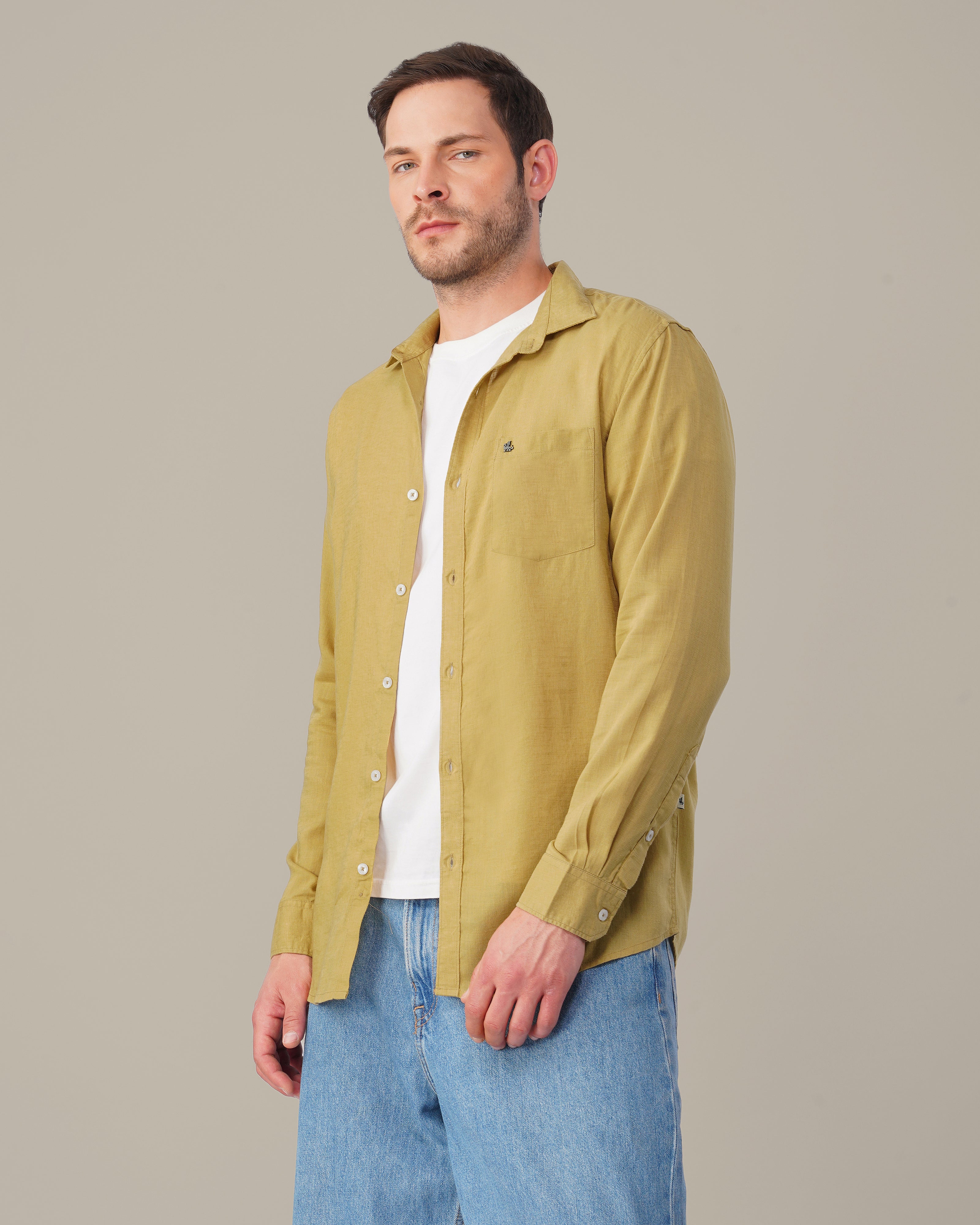 Mustard Solid Premium Linen Standard Fit Shirt