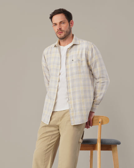 Grey and Yellow Plaid Cotton Regular Fit Shirt