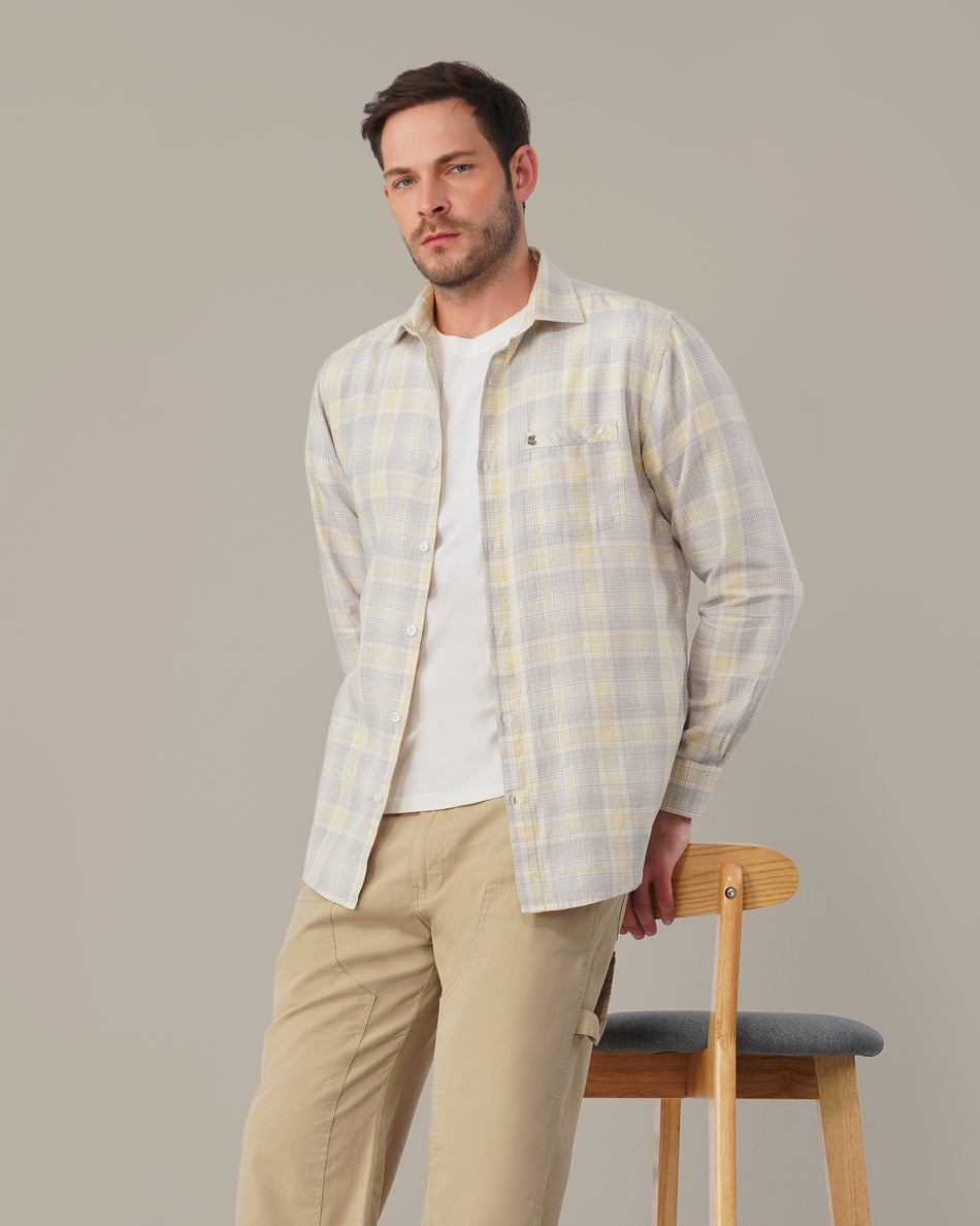 Grey and Yellow Plaid Cotton Regular Fit Shirt