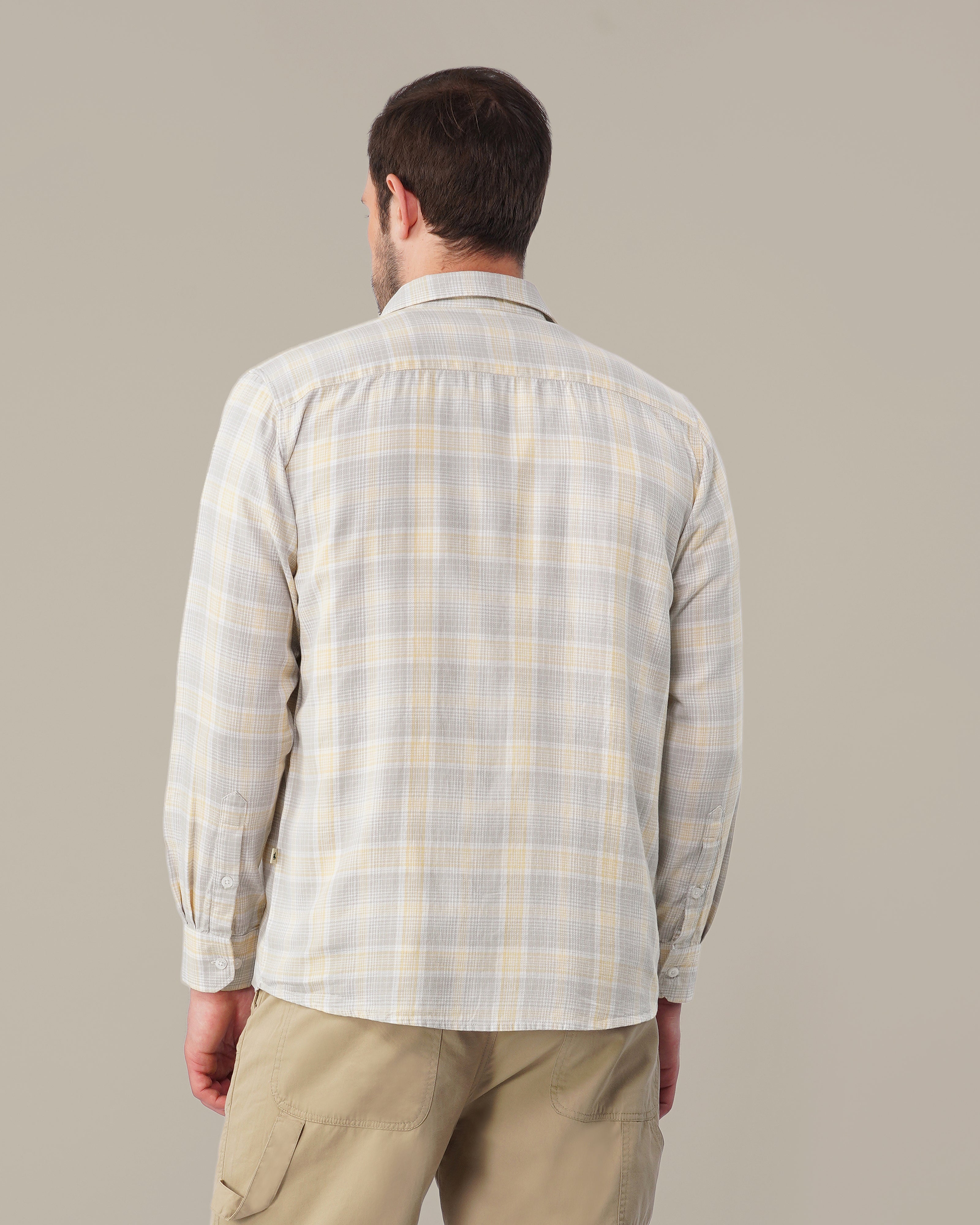 Grey and Yellow Plaid Cotton Regular Fit Shirt