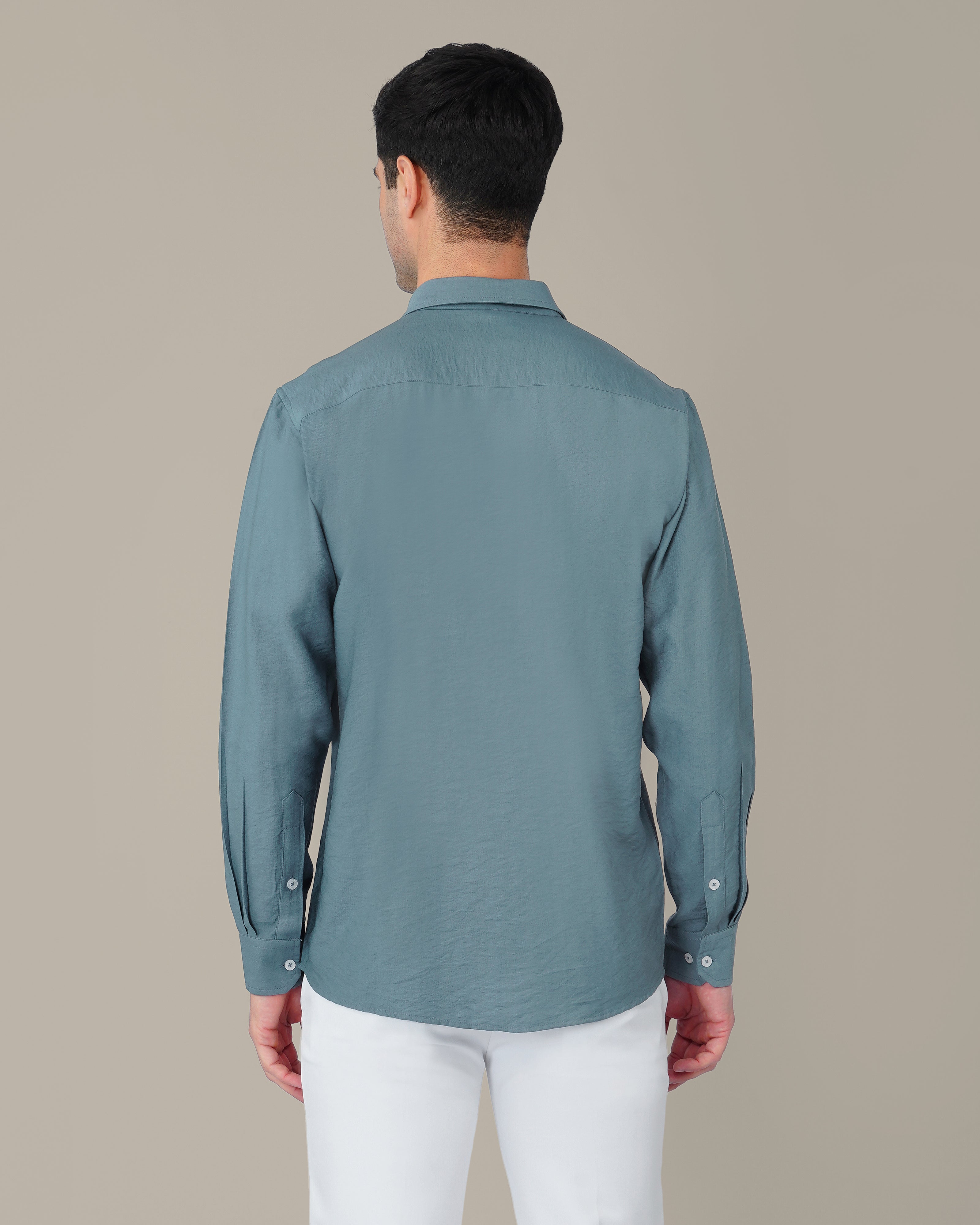 Vhagar Slate Blue Solid Poly-Viscose Blend Regular Fit Shirt
