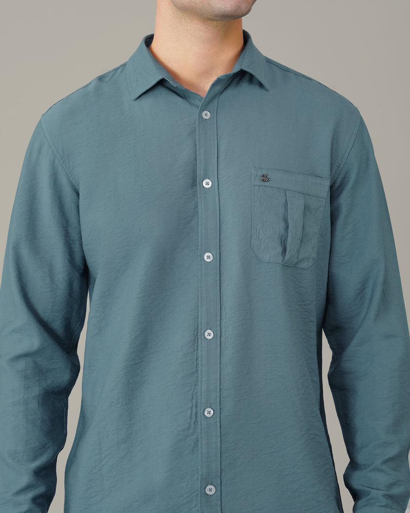 Vhagar Slate Blue Solid Poly-Viscose Blend Regular Fit Shirt