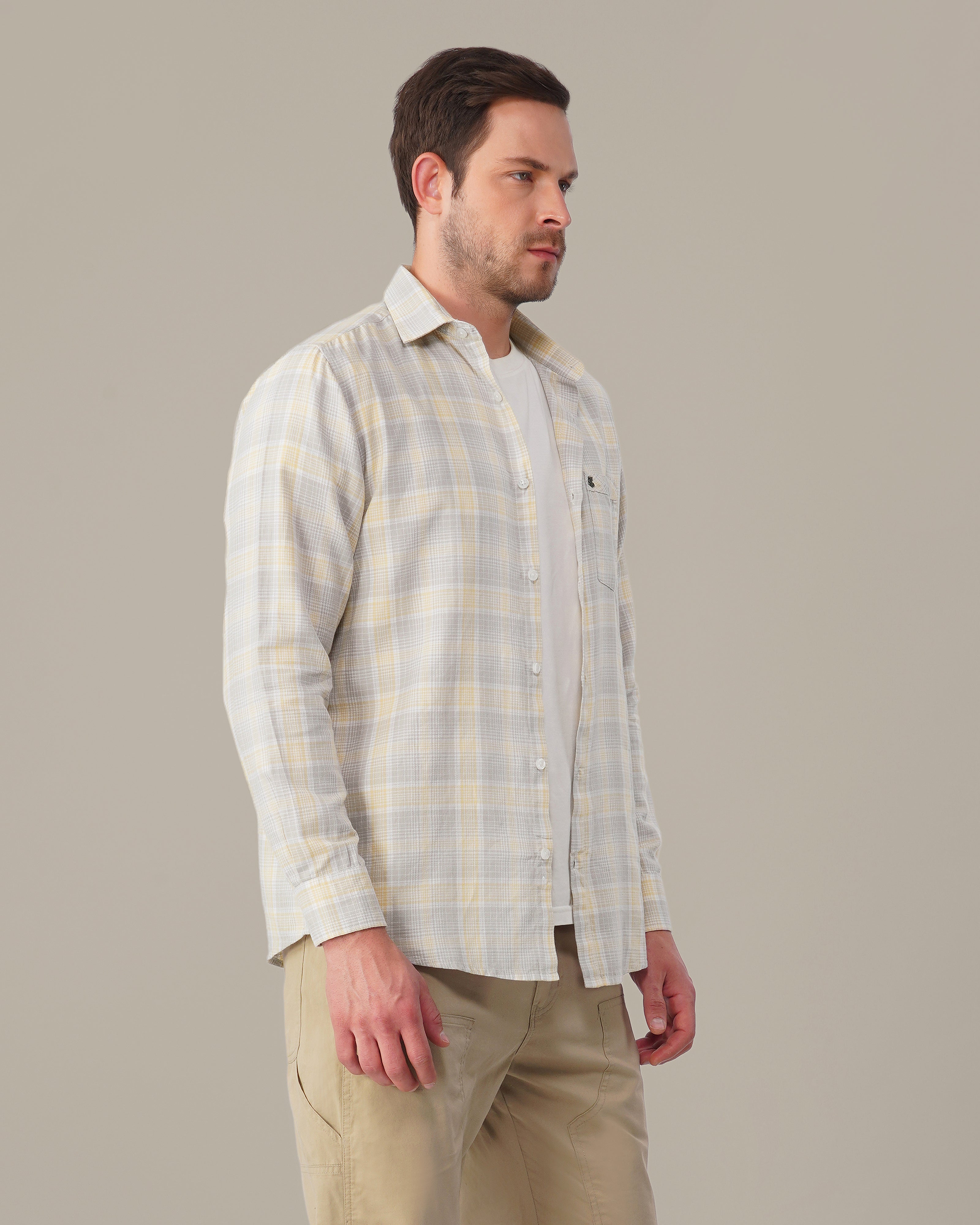 Grey and Yellow Plaid Cotton Regular Fit Shirt
