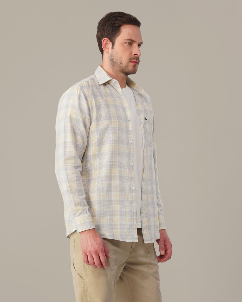 Grey and Yellow Plaid Cotton Regular Fit Shirt