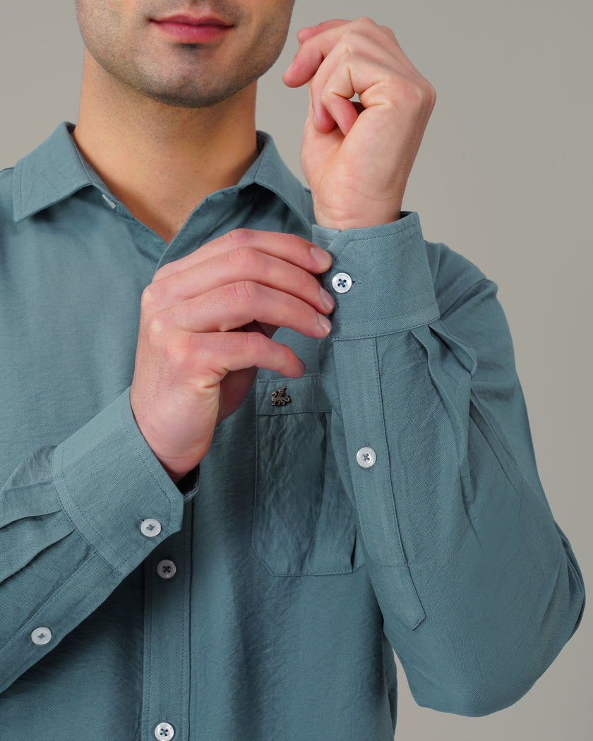 Vhagar Slate Blue Solid Poly-Viscose Blend Regular Fit Shirt