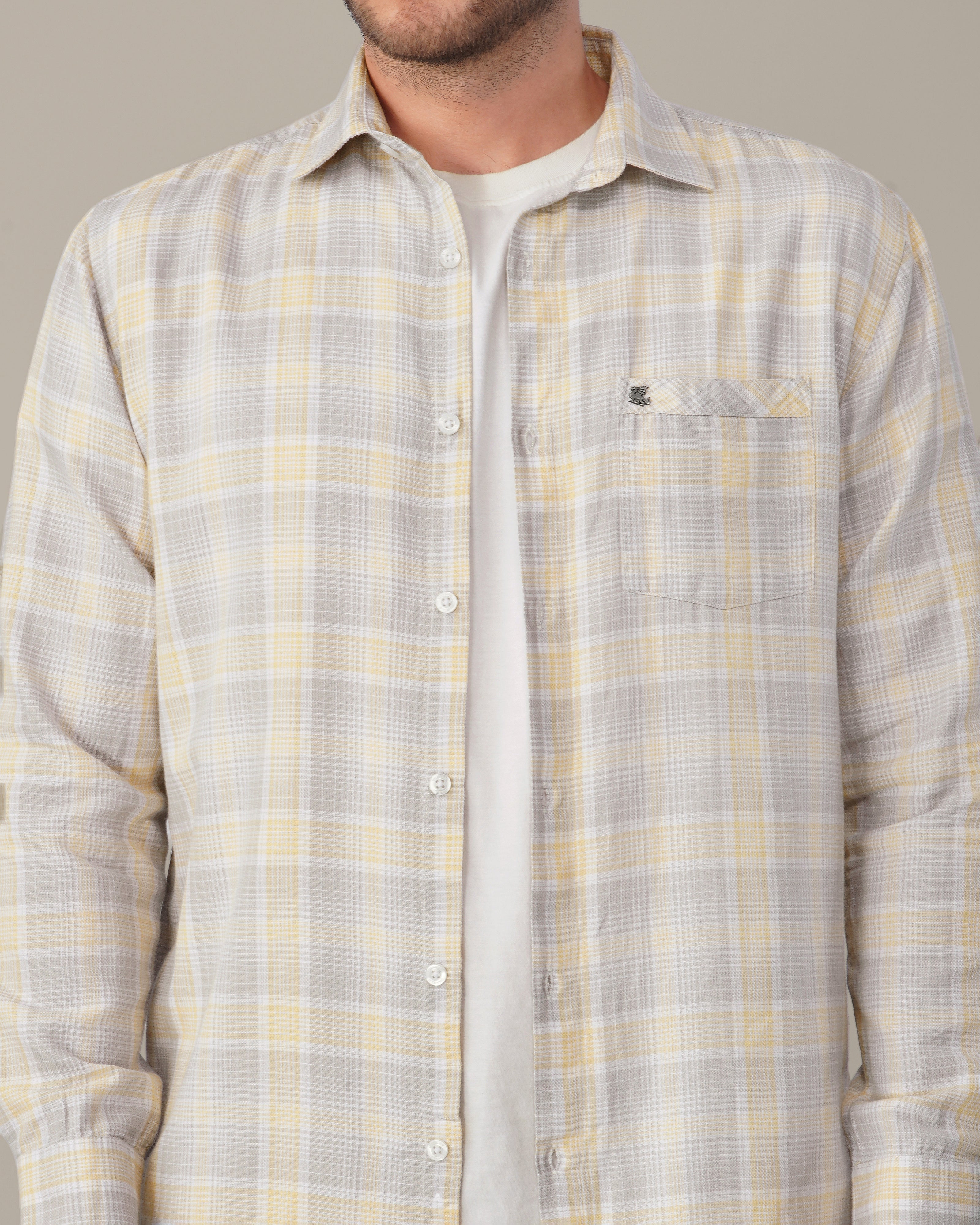 Grey and Yellow Plaid Cotton Regular Fit Shirt