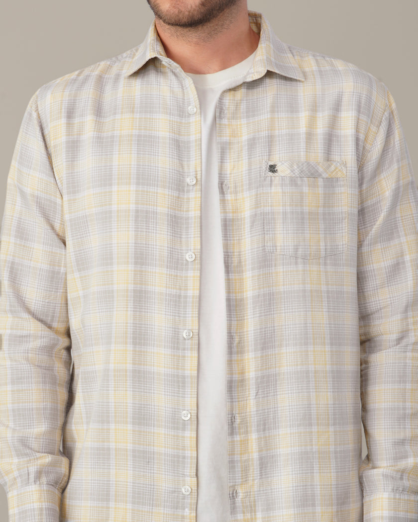 Grey and Yellow Plaid Cotton Regular Fit Shirt