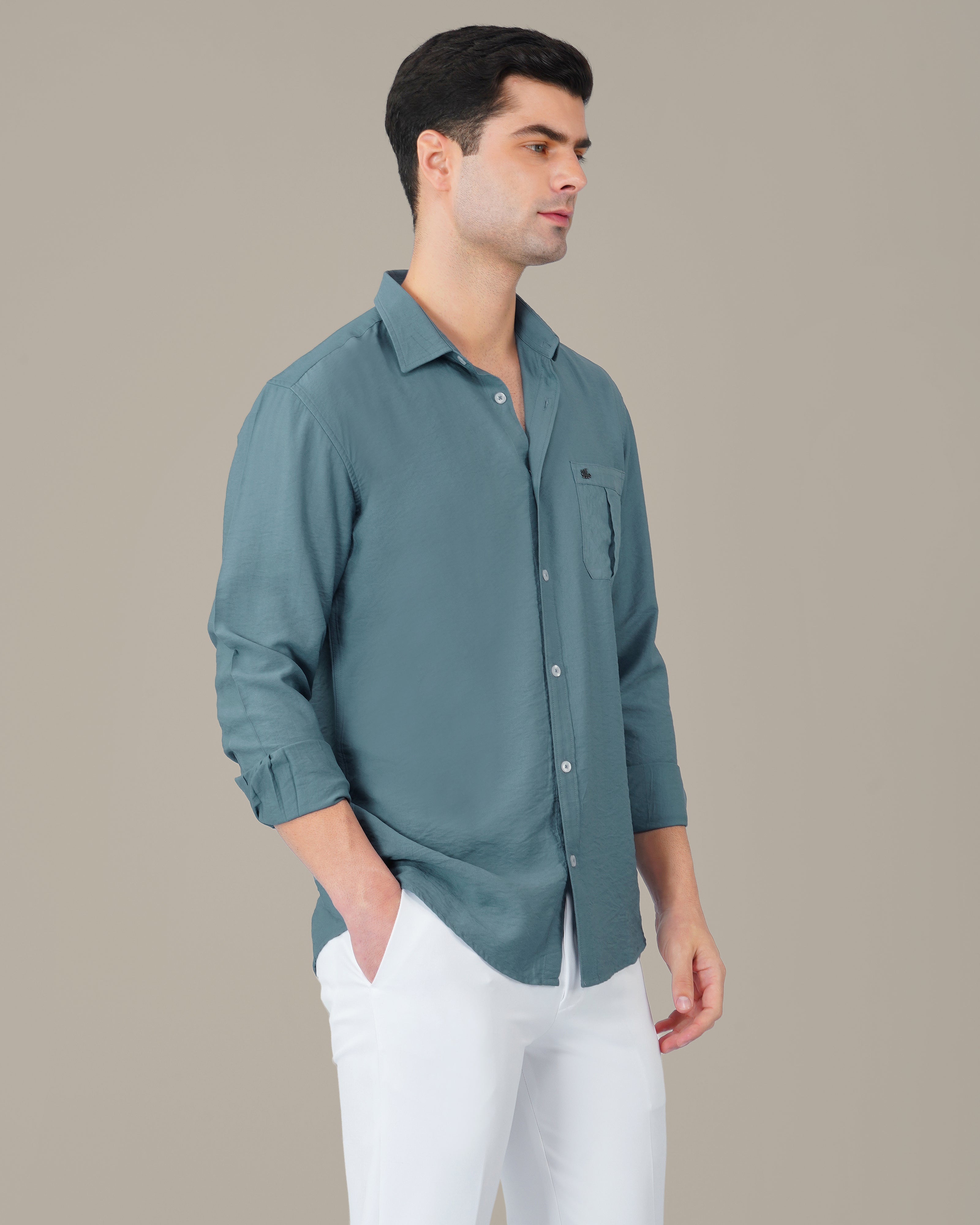 Vhagar Slate Blue Solid Poly-Viscose Blend Regular Fit Shirt