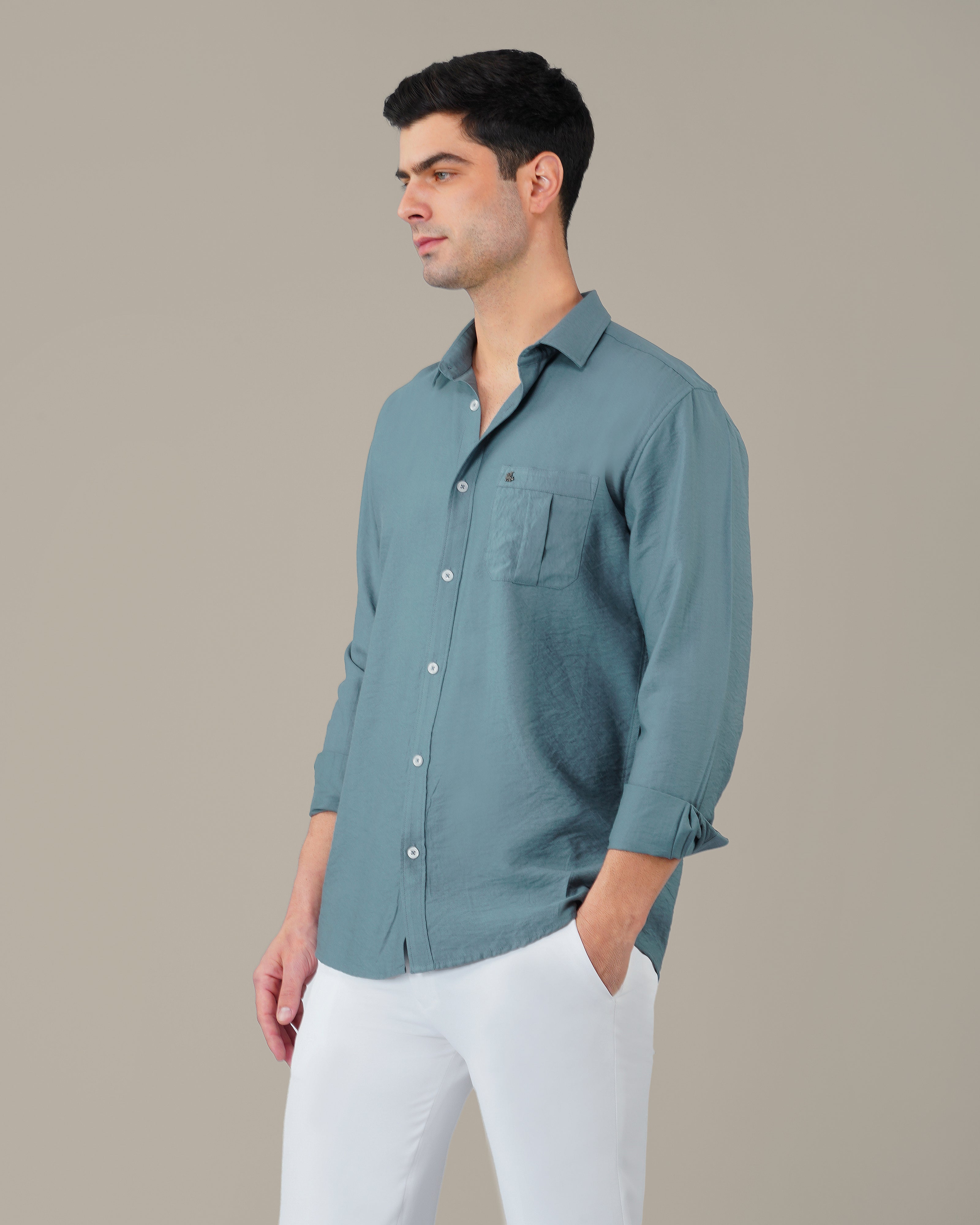 Vhagar Slate Blue Solid Poly-Viscose Blend Regular Fit Shirt