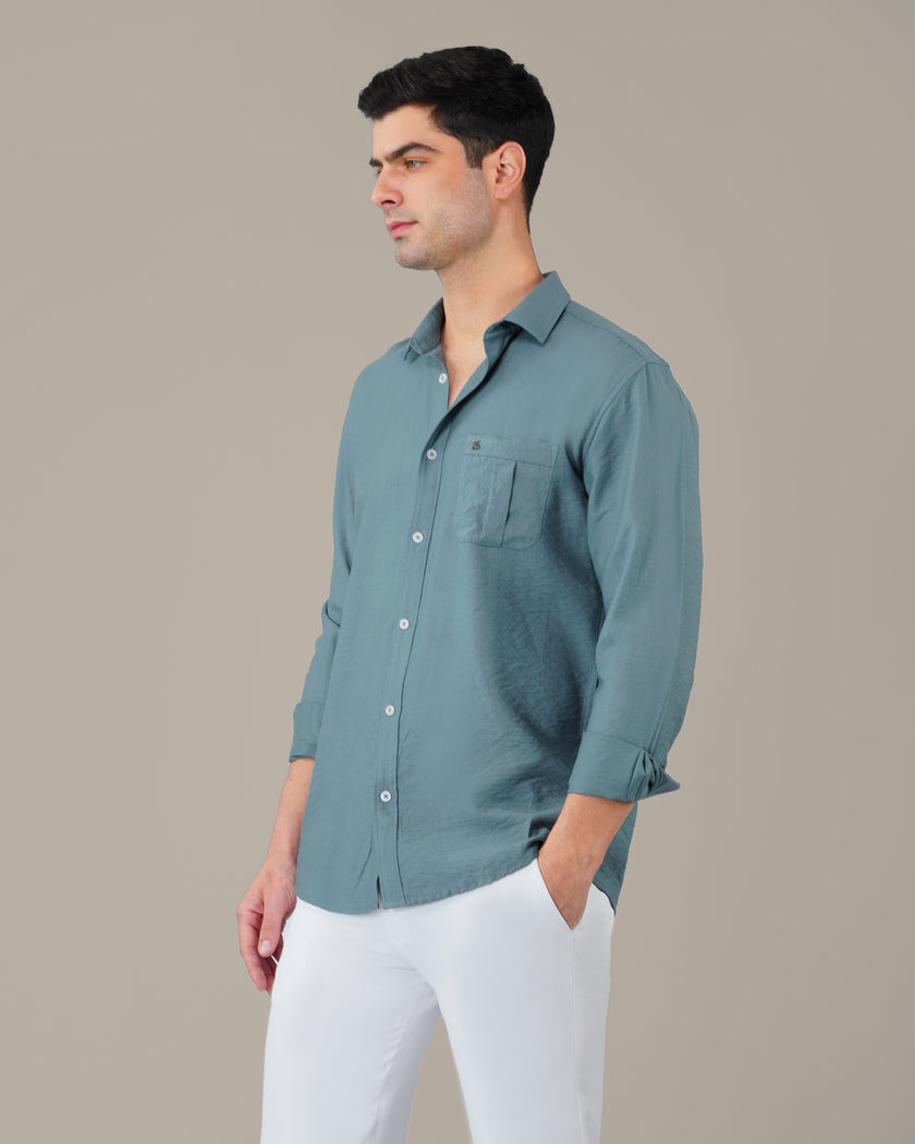 Vhagar Slate Blue Solid Poly-Viscose Blend Regular Fit Shirt