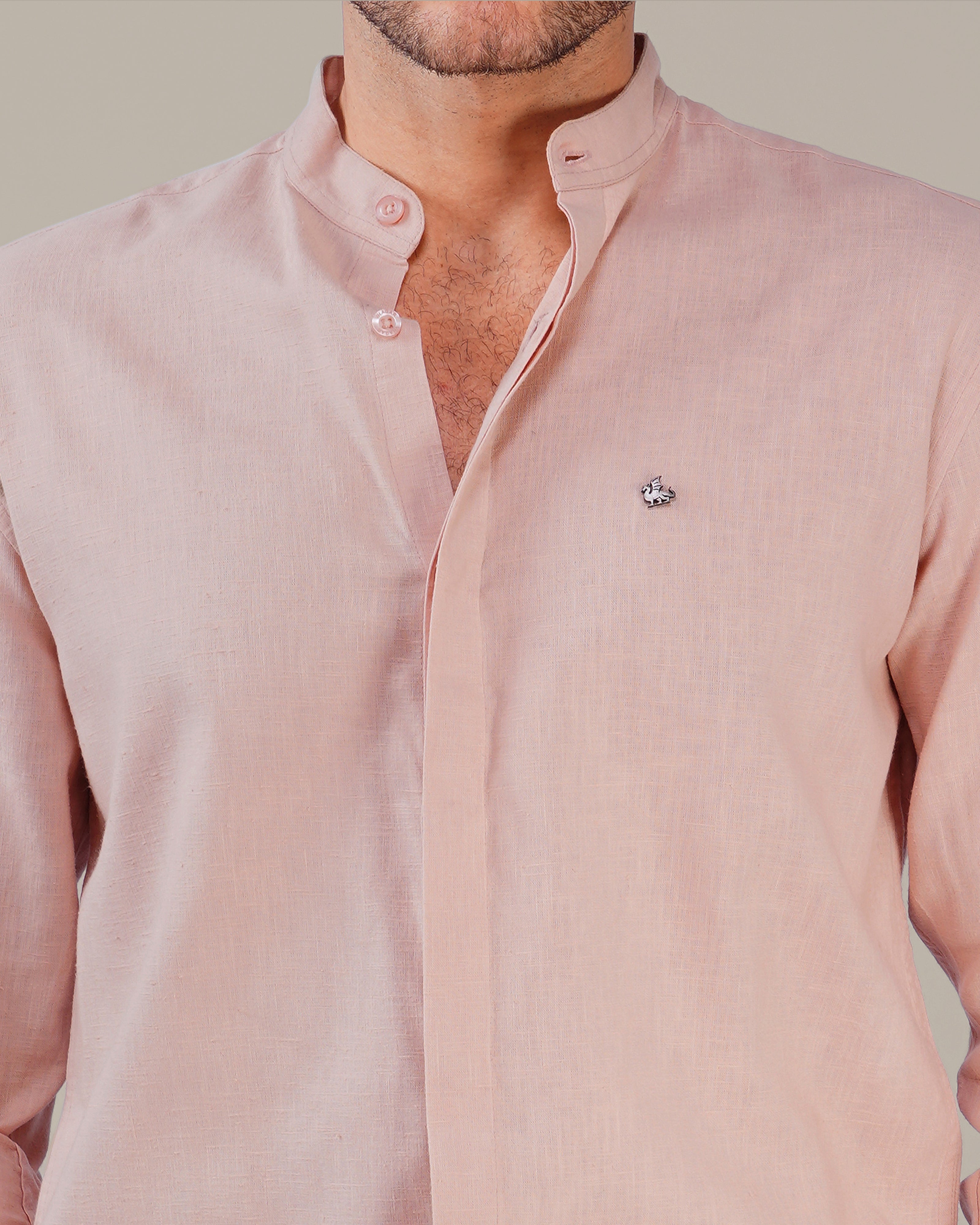Light Pink Solid Slub Cotton Mandarin Collar Shirt