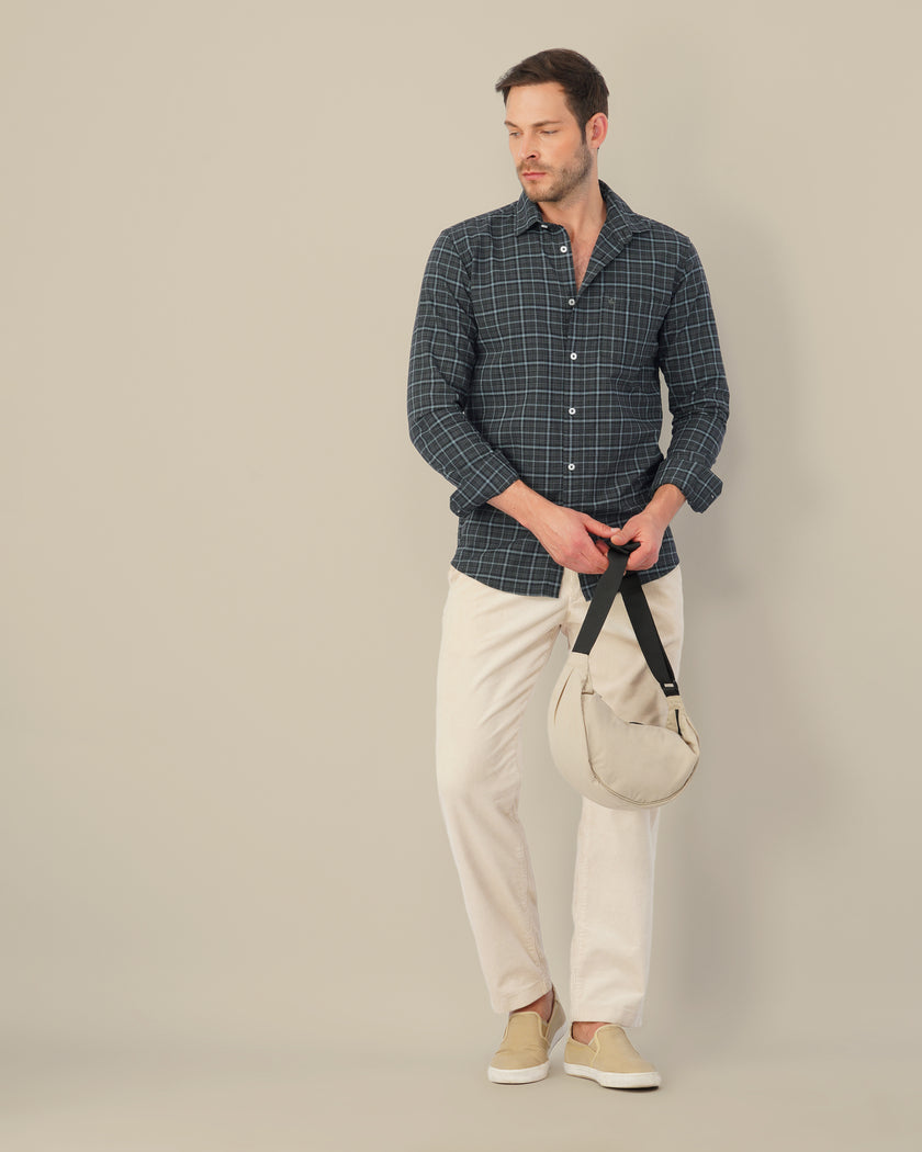 Charcoal Plaid Linen-Cotton Regular Fit Shirt