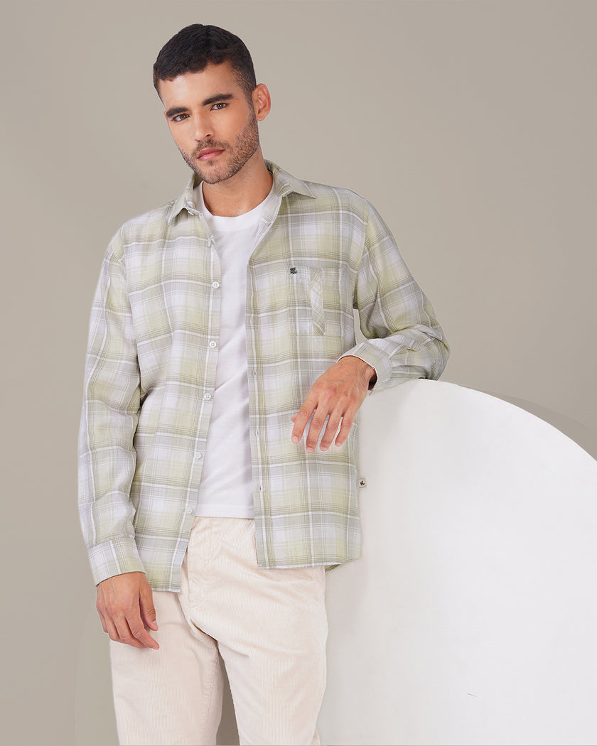 Beige and Gray Plaid Cotton Button-Down Shirt