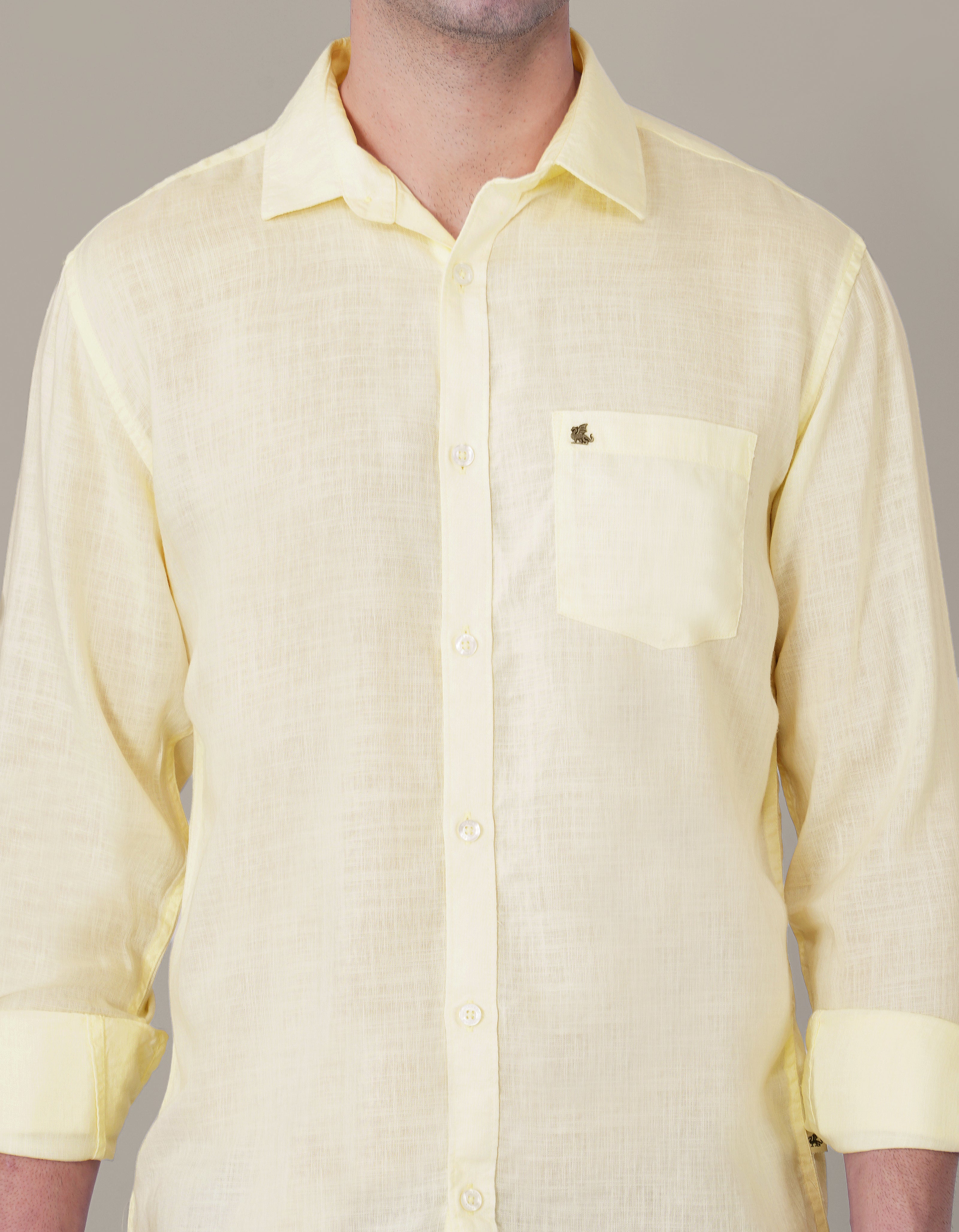 Pale Yellow Solid Woven Linen-Cotton Blend Button-Up Shirt