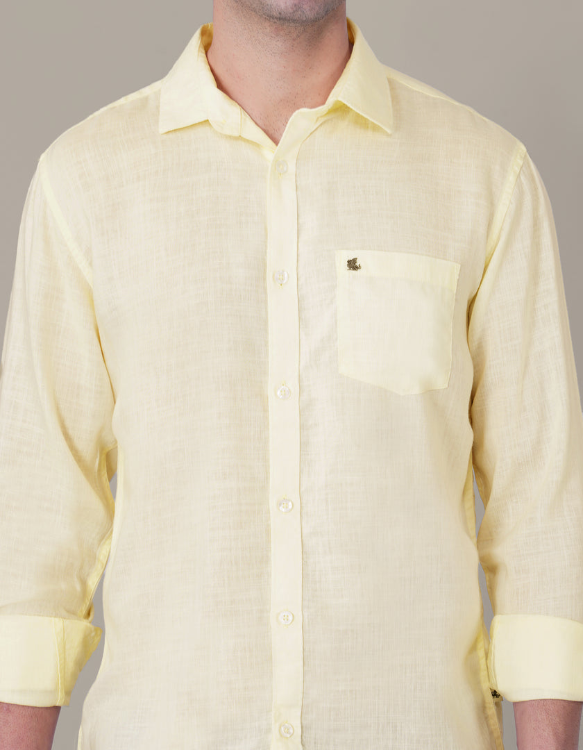 Pale Yellow Solid Woven Linen-Cotton Blend Button-Up Shirt