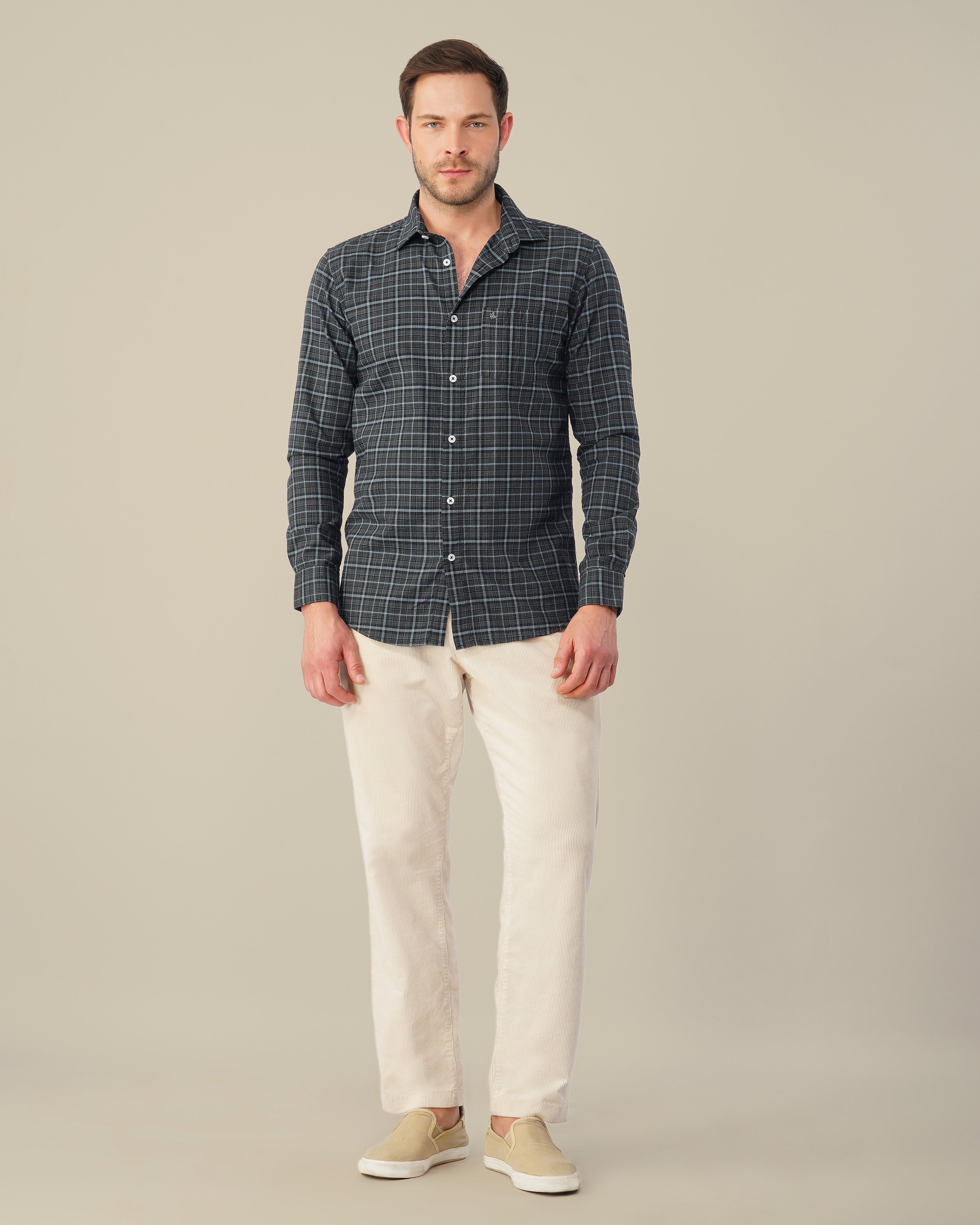 Charcoal Plaid Linen-Cotton Regular Fit Shirt