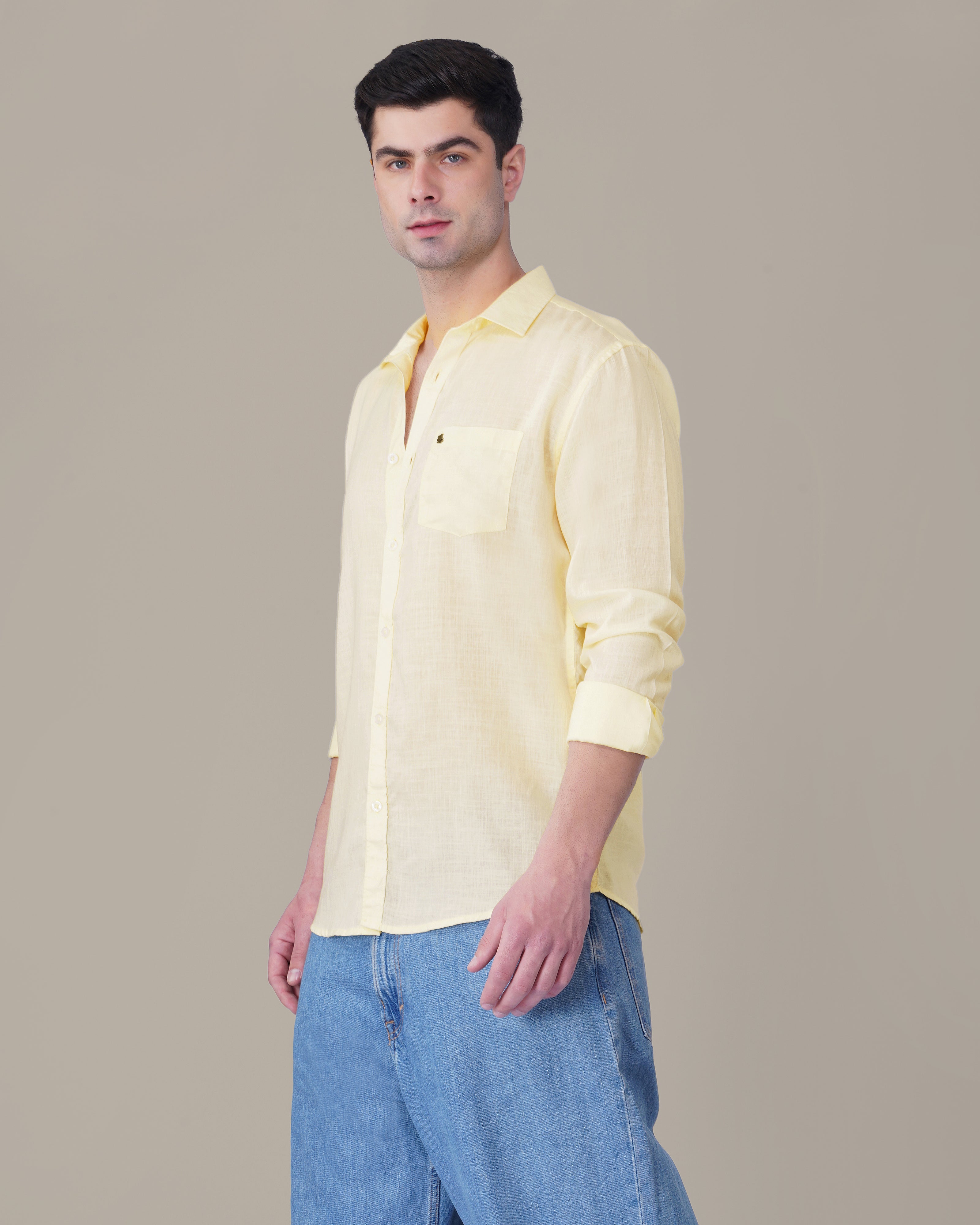 Pale Yellow Solid Woven Linen-Cotton Blend Button-Up Shirt