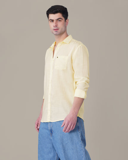 Pale Yellow Solid Woven Linen-Cotton Blend Button-Up Shirt