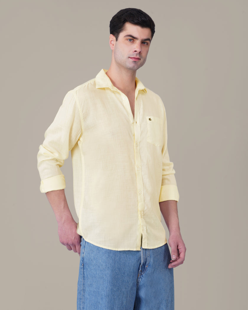 Pale Yellow Solid Woven Linen-Cotton Blend Button-Up Shirt