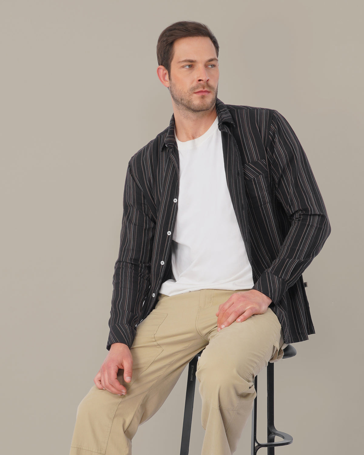 The Charcoal & Cream Stripe Shirt - Pure Cotton · Regular Fit