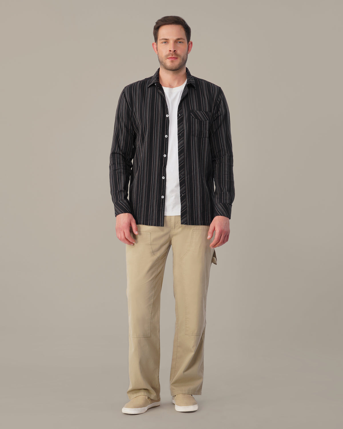 The Charcoal & Cream Stripe Shirt - Pure Cotton · Regular Fit